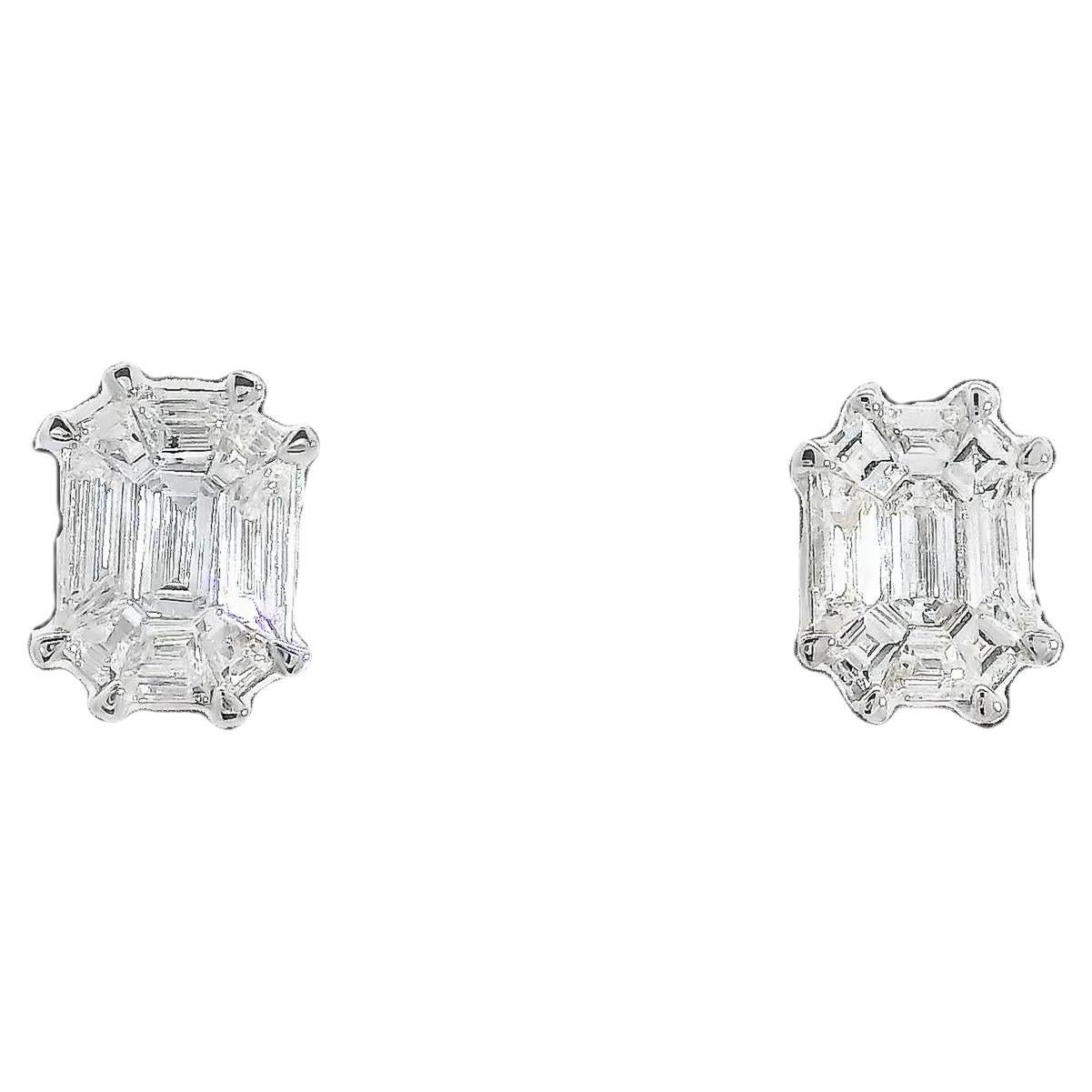Emerald-cut Illusion Setting Diamond Stud Earrings in 18K White Gold