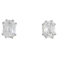 Emerald-cut Illusion Setting Diamond Stud Earrings in 18K White Gold