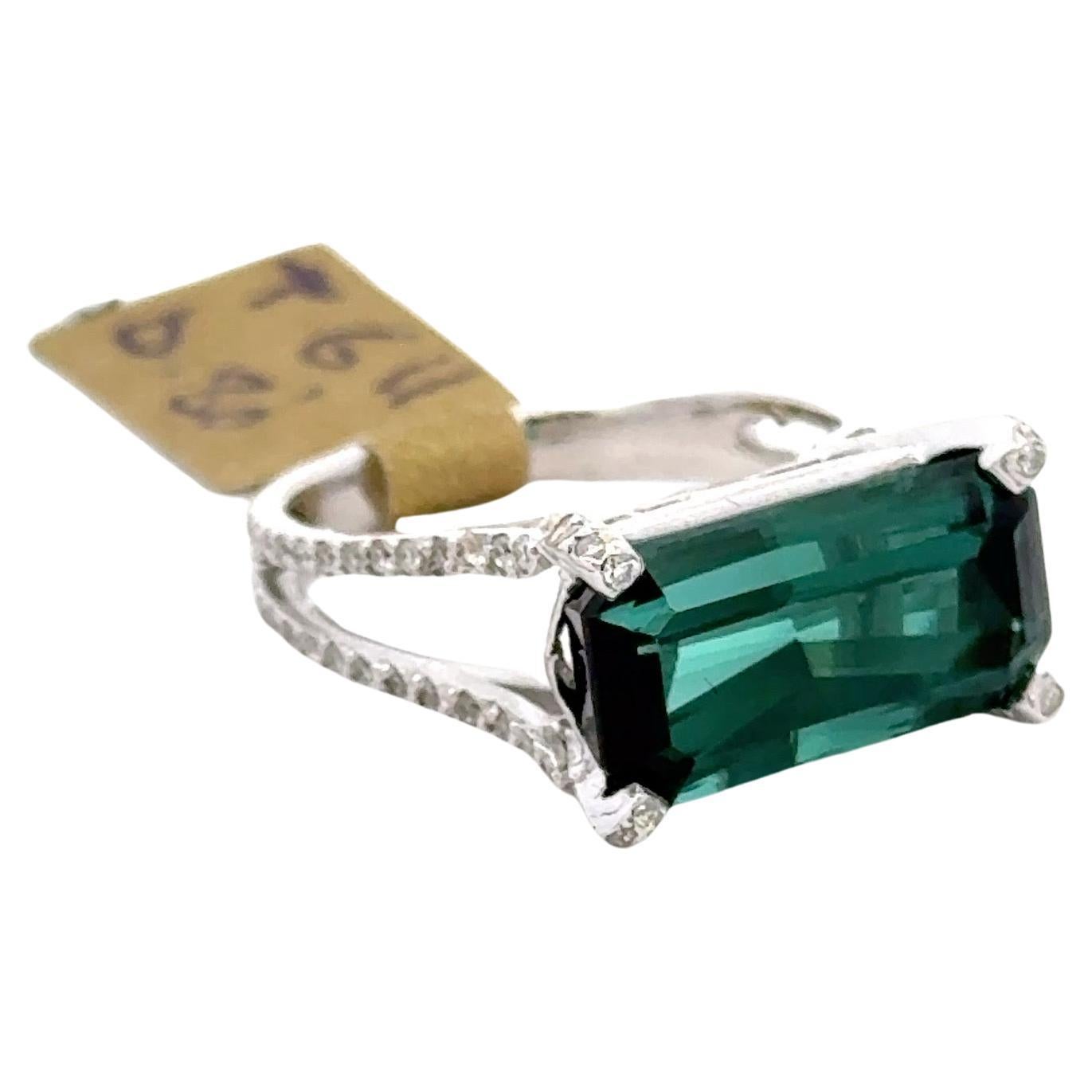 Emerald Cut Indicolite Tourmaline Split Shank Diamond Ring 6.91 Carats 18KT For Sale