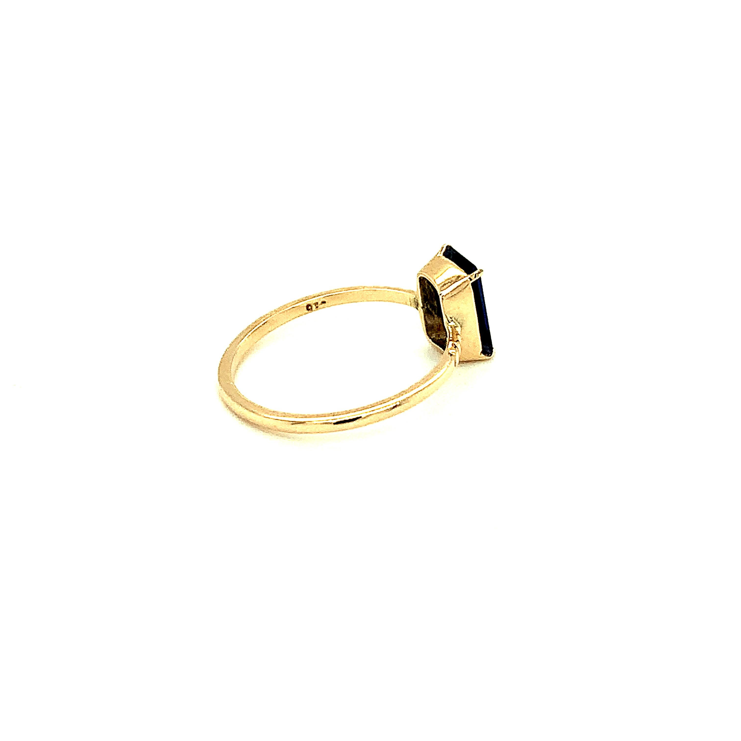 Artisan Emerald Cut Iolite 14K Yellow Gold Thin Band Ring For Sale