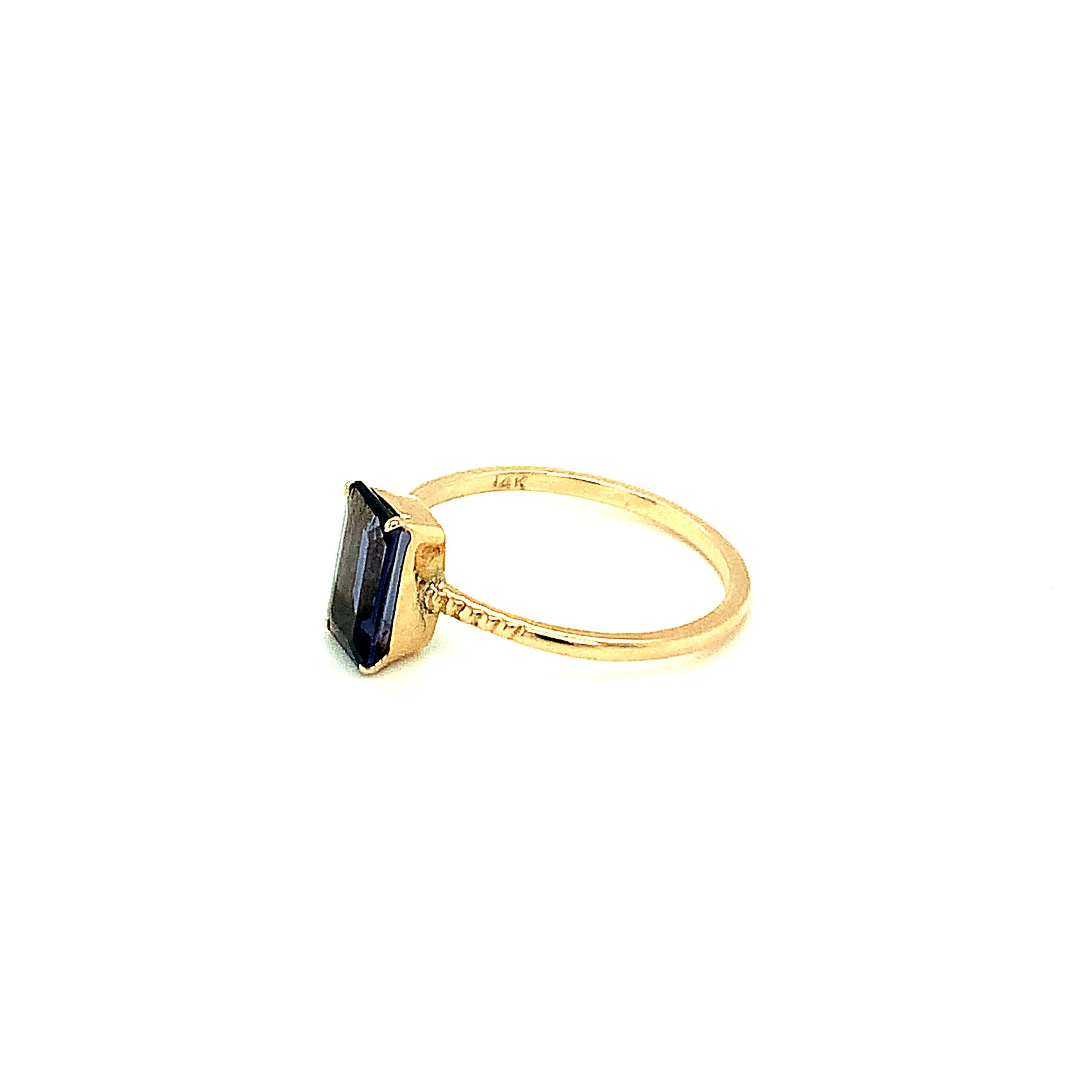 Women's Emerald Cut Iolite 14K Yellow Gold Thin Band Ring For Sale