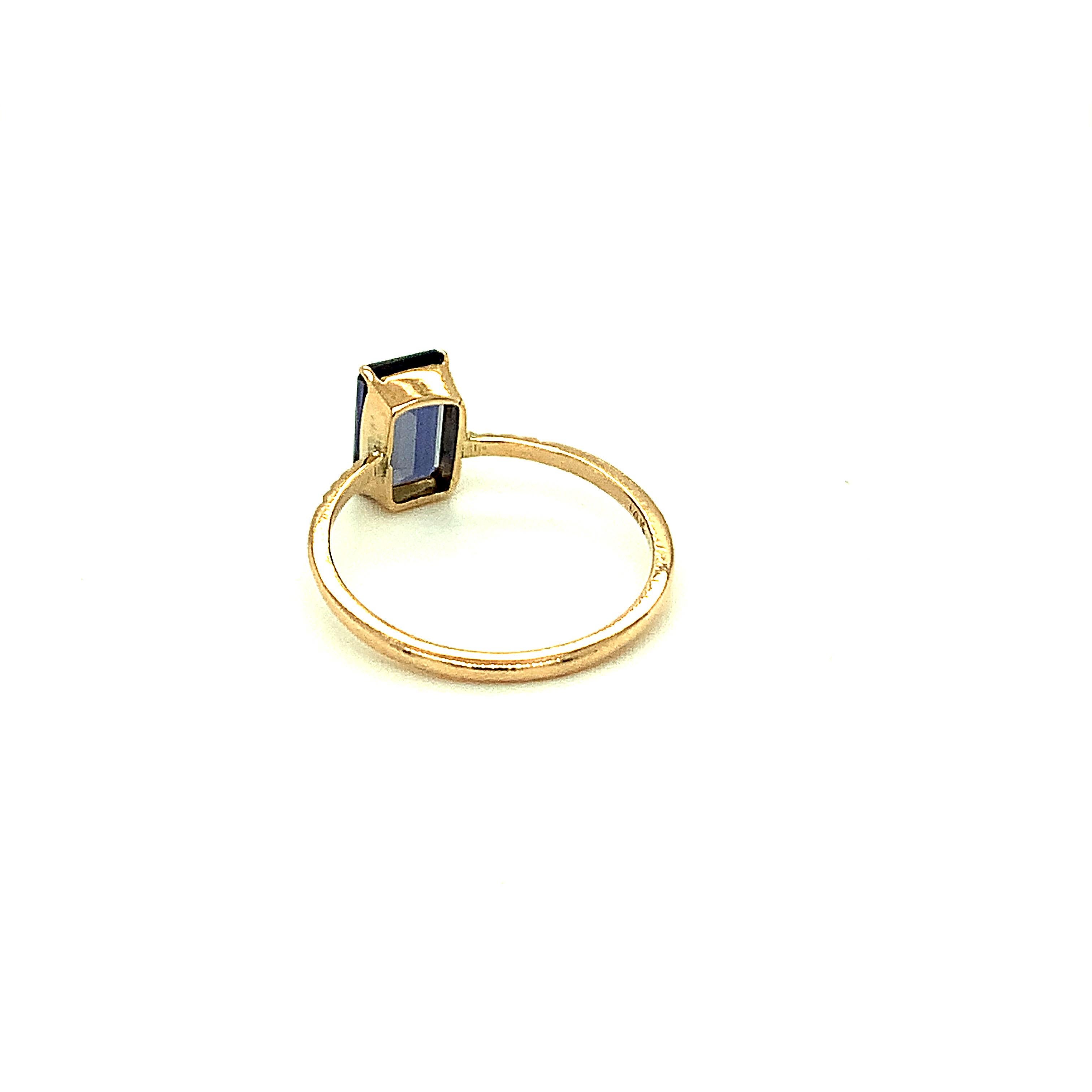Emerald Cut Iolite 14K Yellow Gold Thin Band Ring For Sale 2