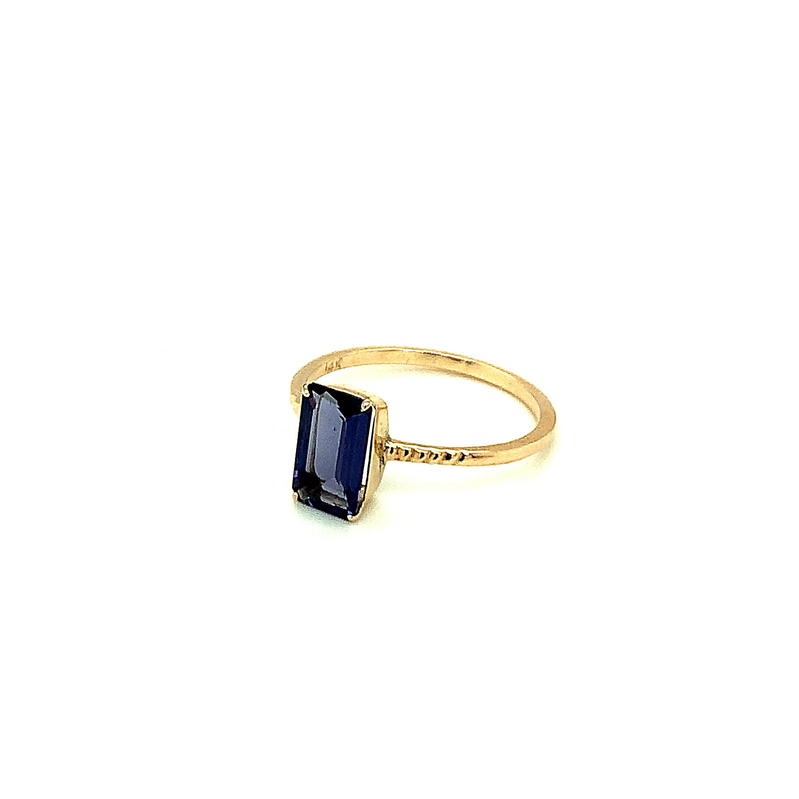 Emerald Cut Iolite 14K Yellow Gold Thin Band Ring For Sale 4