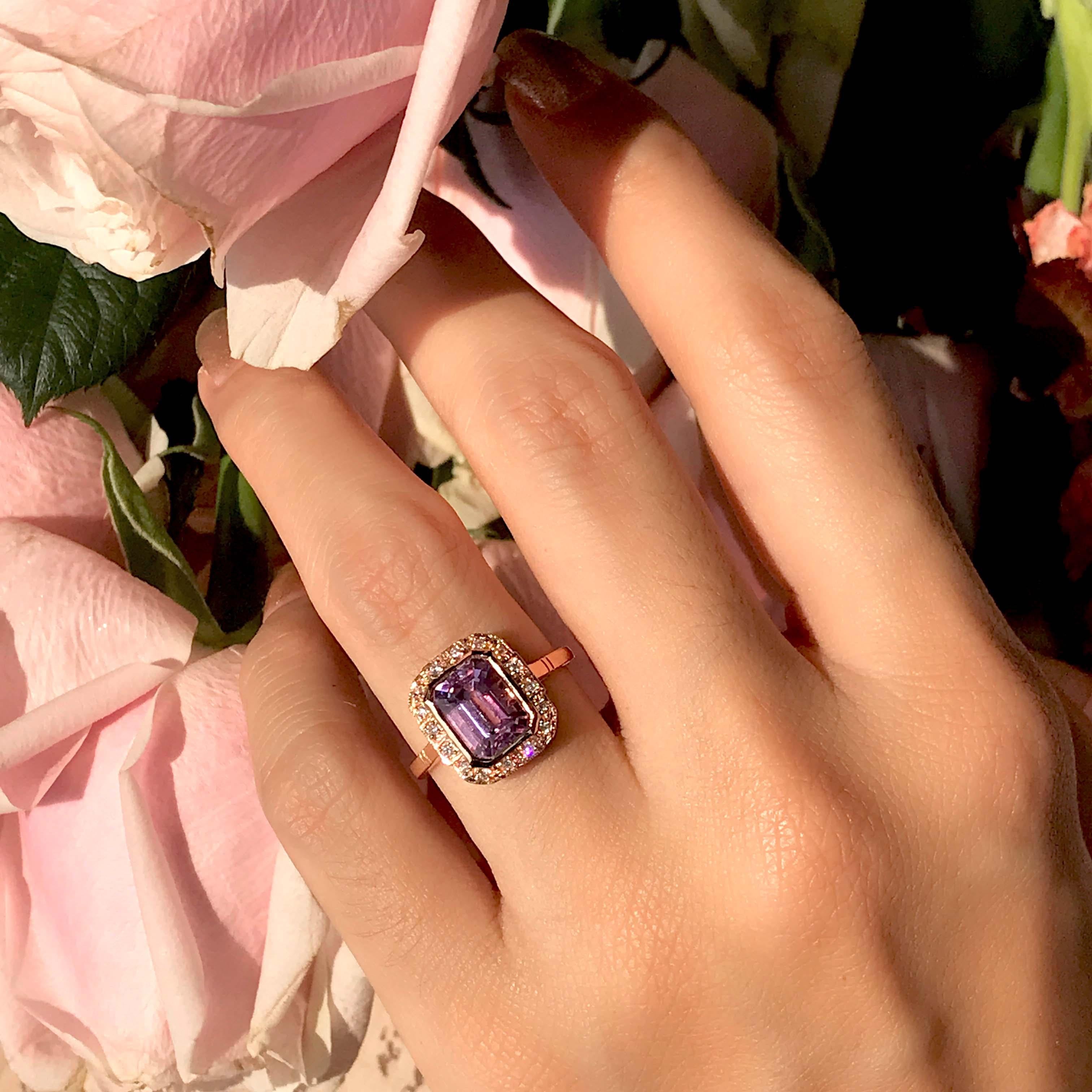 Emerald Cut Kunzite and Diamond Engagement Ring in 18K Rose Gold 1