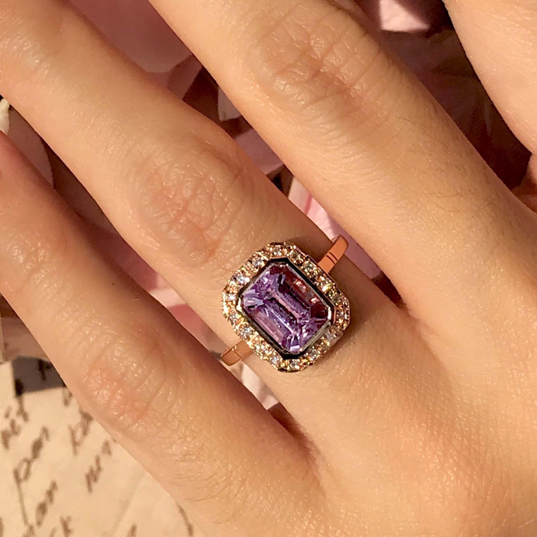 Emerald Cut Kunzite and Diamond Engagement Ring in 18K Rose Gold 2