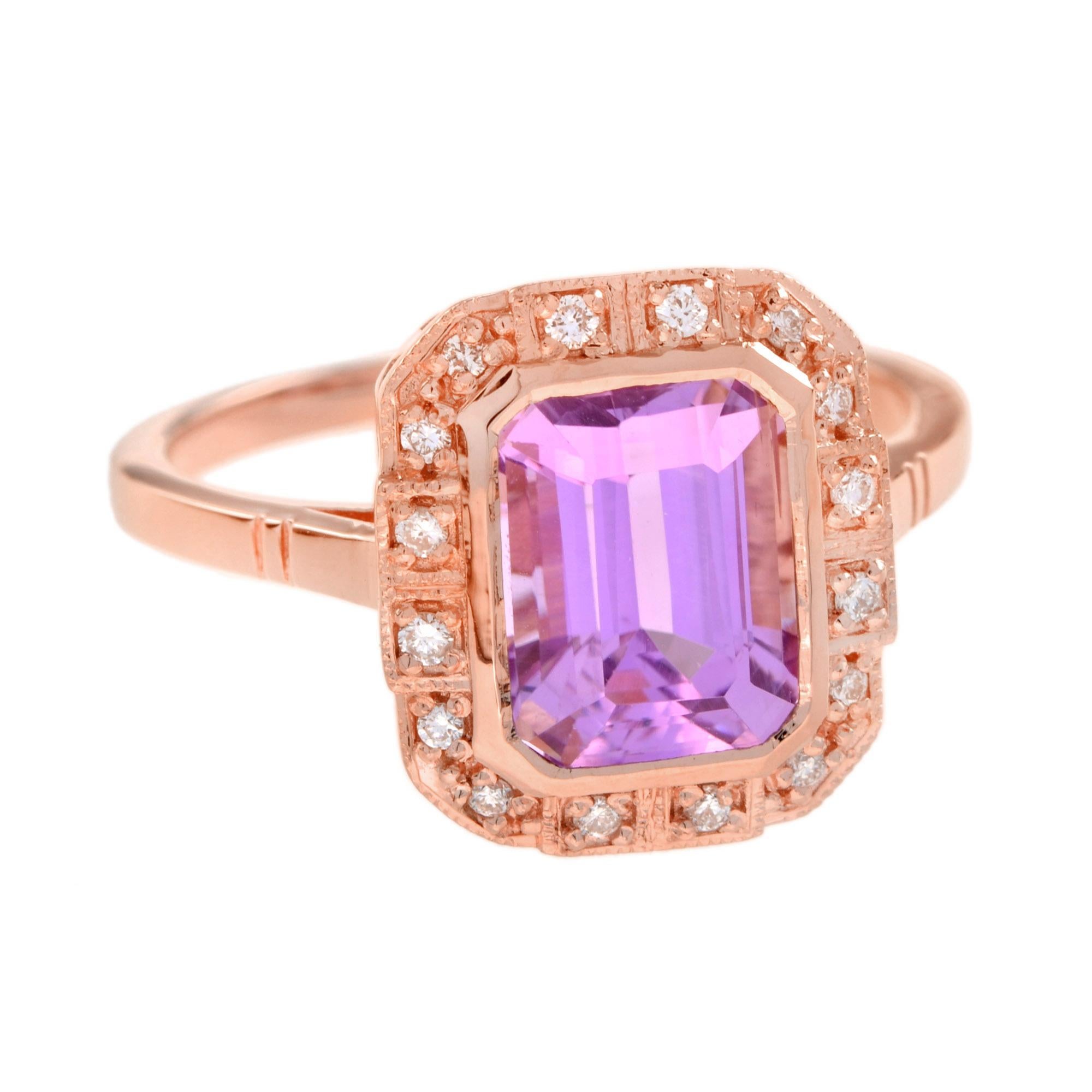 Emerald Cut Kunzite and Diamond Engagement Ring in 18K Rose Gold 3
