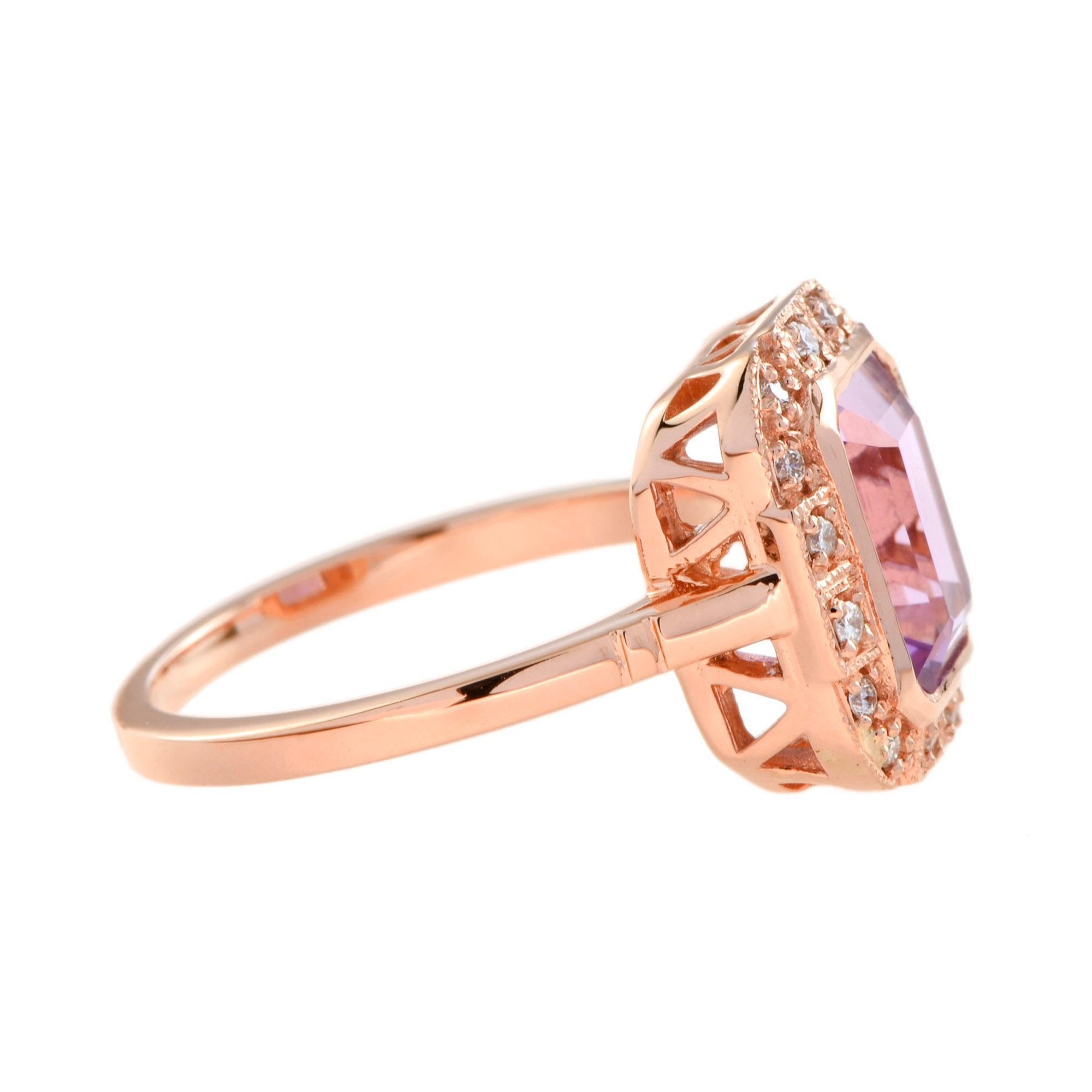 Emerald Cut Kunzite and Diamond Engagement Ring in 18K Rose Gold 4