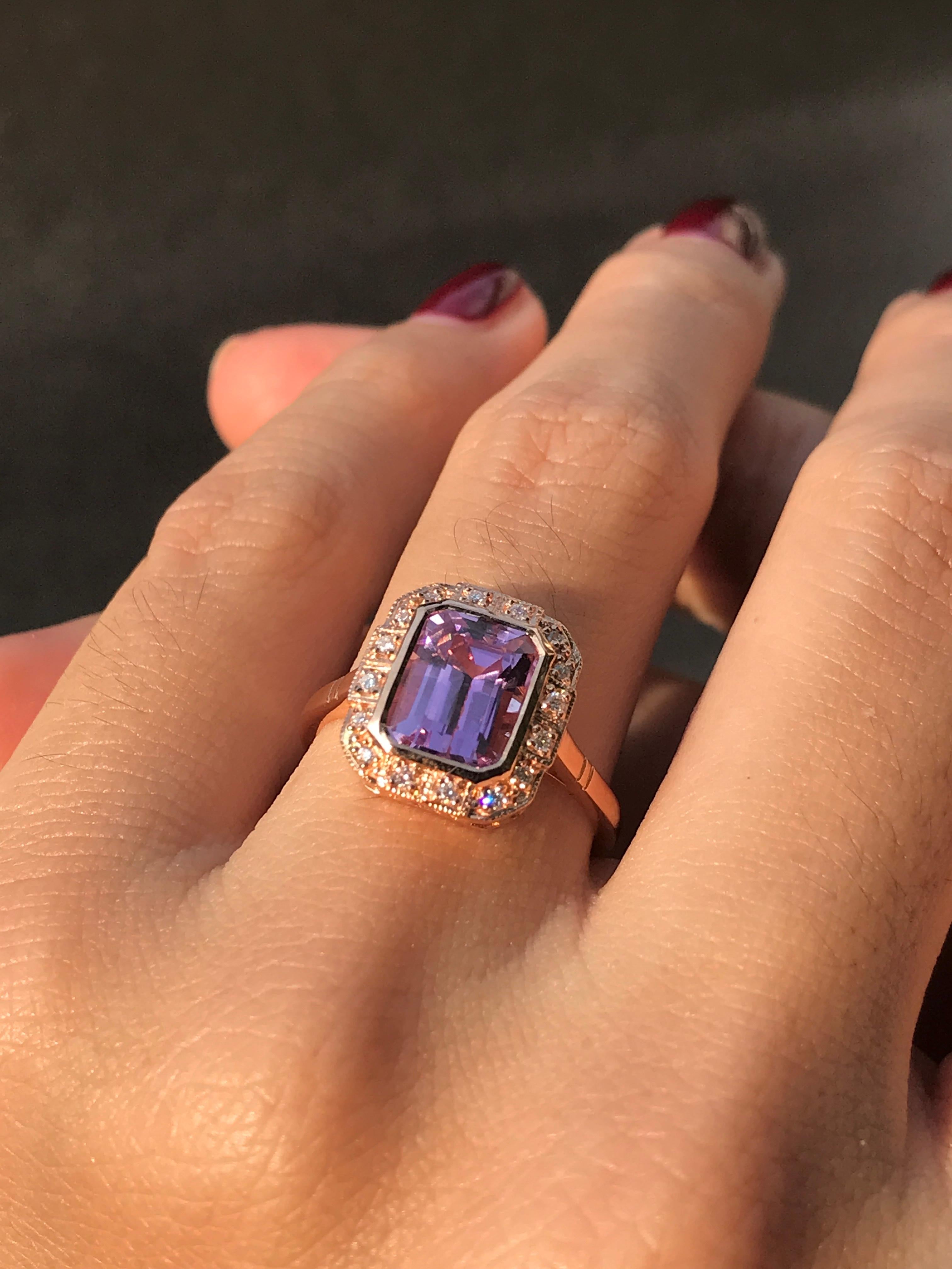 Art Deco Emerald Cut Kunzite and Diamond Engagement Ring in 18K Rose Gold