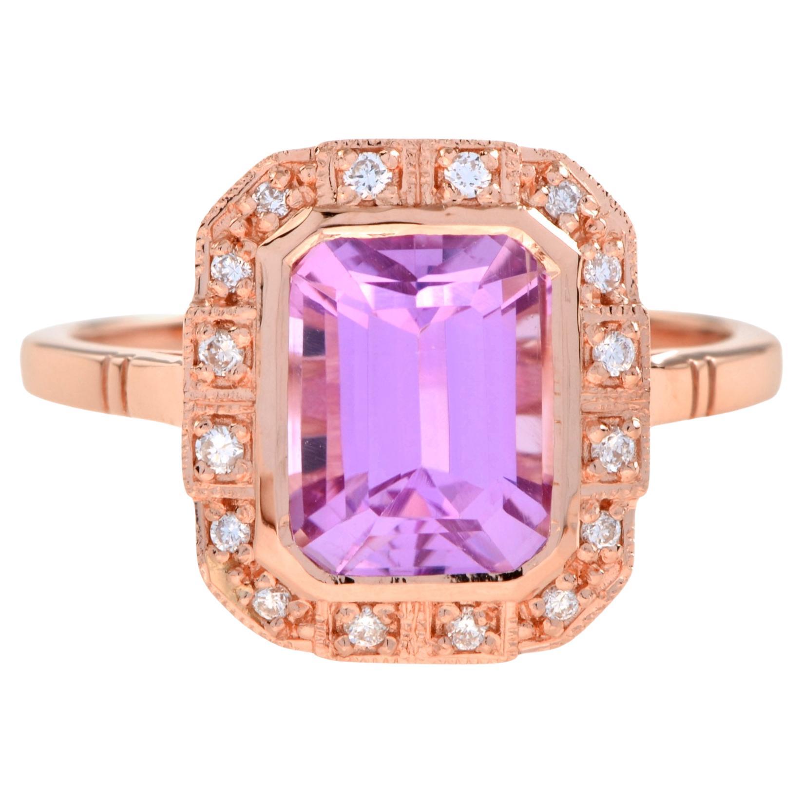 Bague de fiançailles en or rose 18 carats avec kunzite taille émeraude et diamants