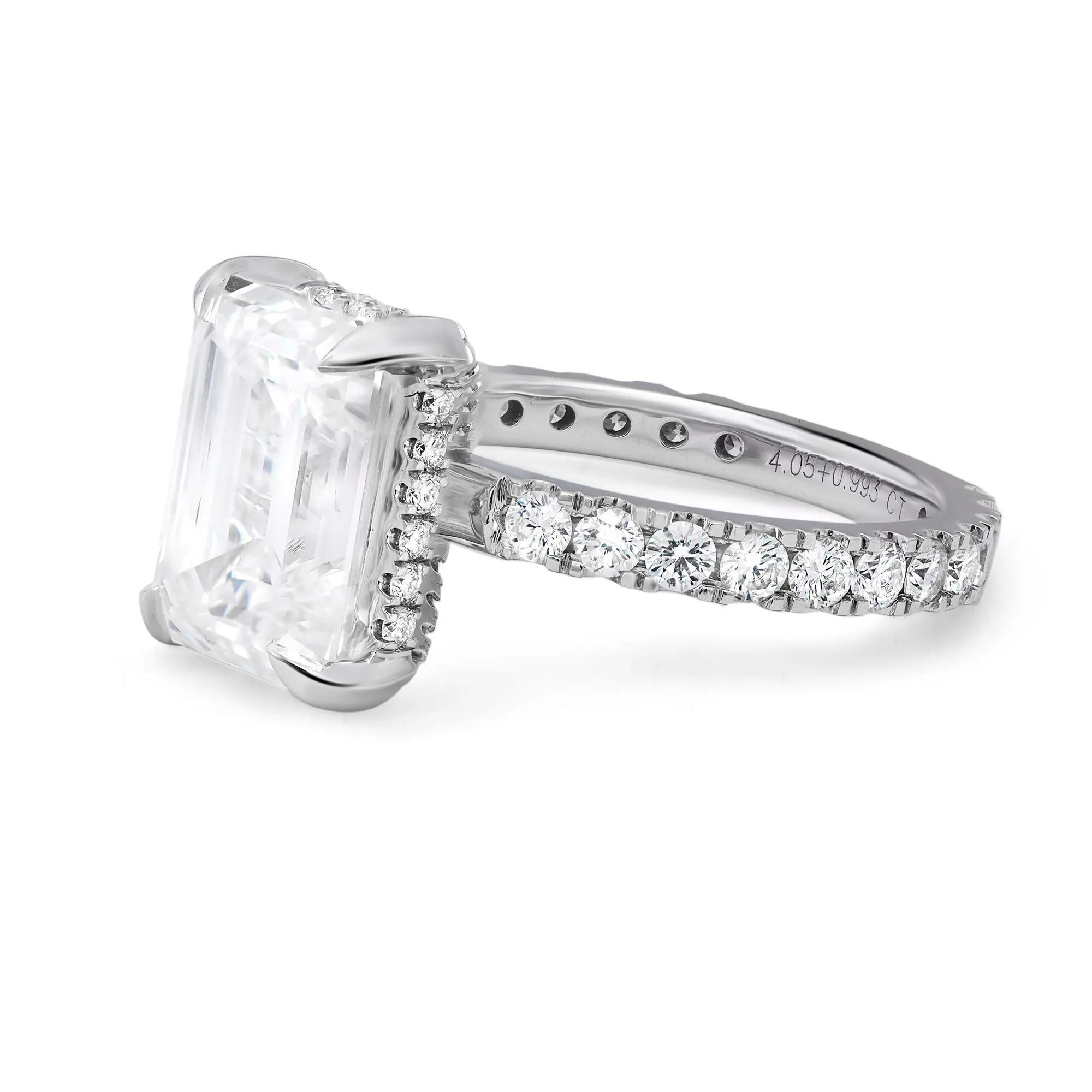 Modern Emerald Cut Lab Grown 4.05Cts & Natural Diamond Engagement Ring 14K White Gold For Sale