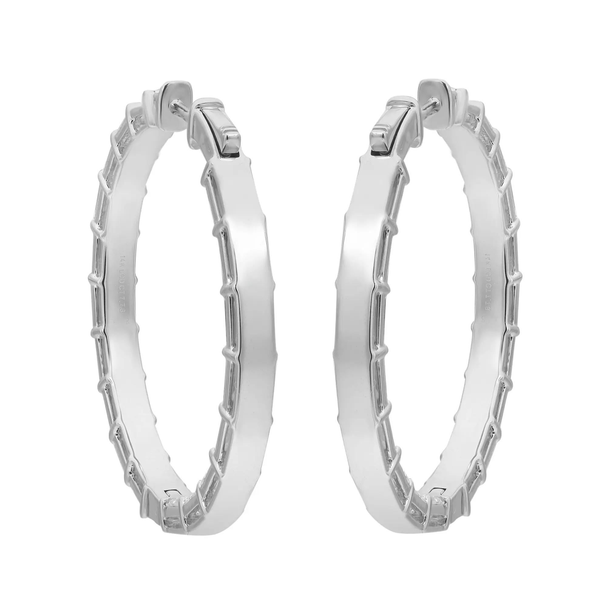 Beautiful and elegant lab grown diamond inside out hoop earrings feature 36 prong-set emerald cut lab grown diamonds in a single line. The diamonds embellish these earrings on the inside and the outside, offering a dazzling look from every angle.