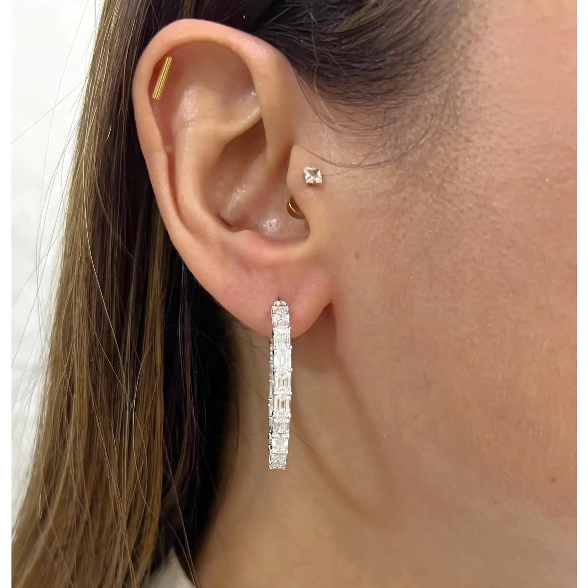 Emerald Cut Lab Grown Diamond Hoop Earrings 14K White Gold 7.76Cttw In New Condition For Sale In New York, NY