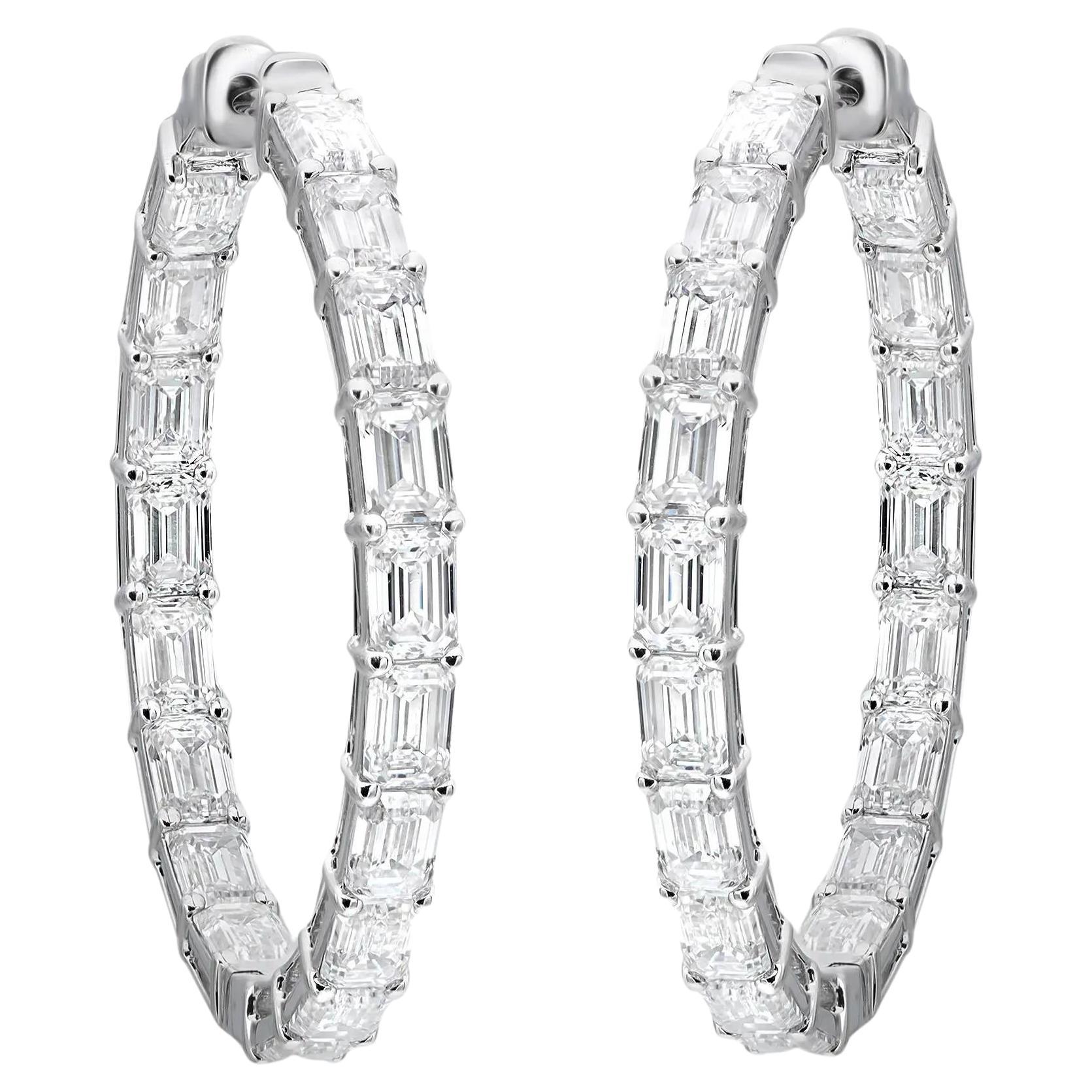 Emerald Cut Lab Grown Diamond Hoop Earrings 14K White Gold 7.76Cttw For Sale