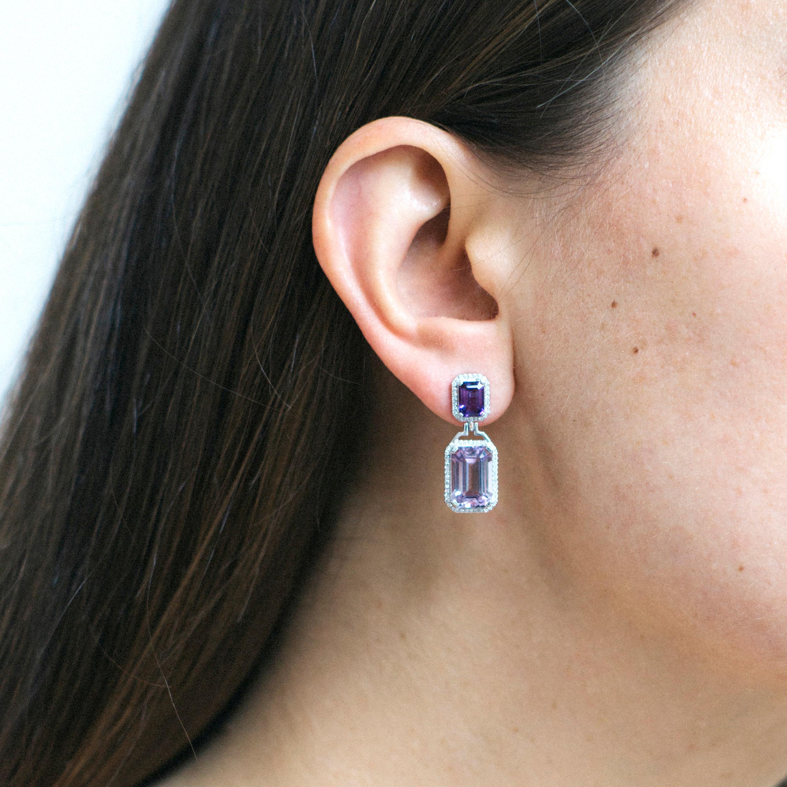 Emerald Cut Lavender Amethyst and Amethyst Earrings in 18k White Gold, from 'Gossip' Collection. Please allow 2-4 weeks for this item to be delivered.

Stone Size: 12 x 8 mm & 7 x 5 mm

Diamonds: G-H / VS, Approx. Wt: 0.40 Cts