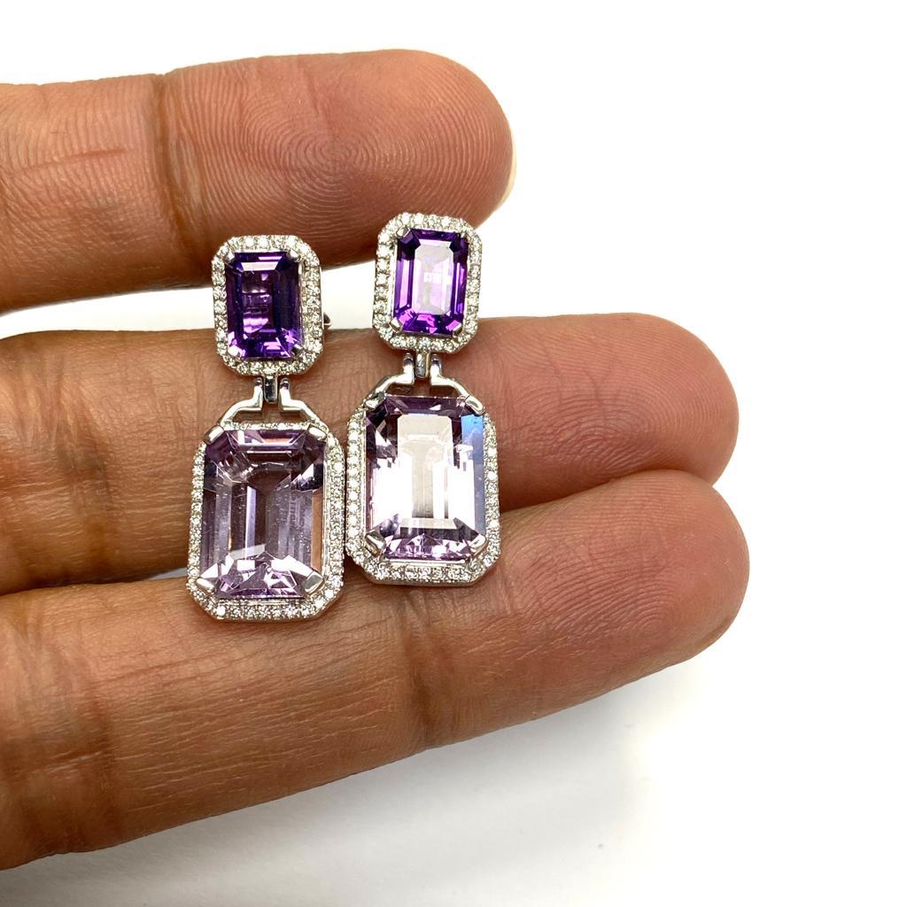 Contemporary Goshwara Emerald Cut Lavender Amethyst and Amethyst With Diamond Earrings For Sale