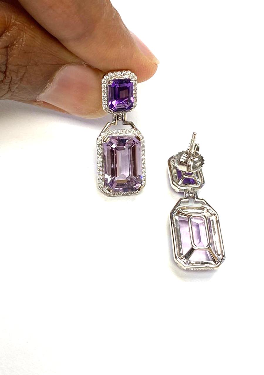 Goshwara Emerald Cut Lavender Amethyst and Amethyst With Diamond Earrings In New Condition For Sale In New York, NY