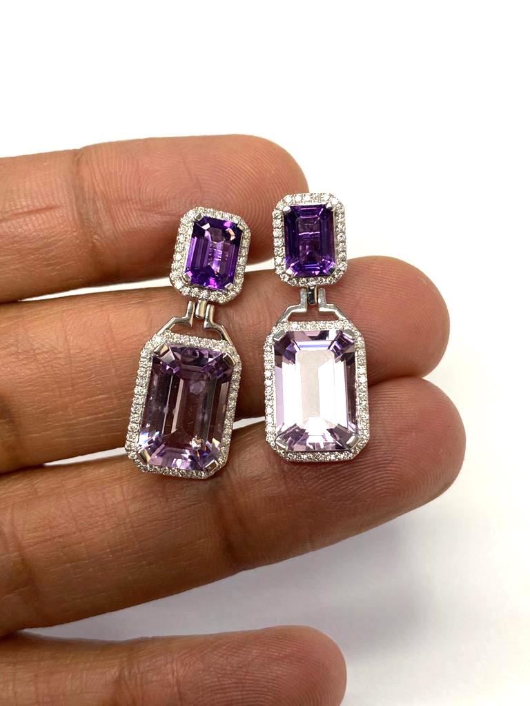 Women's Goshwara Emerald Cut Lavender Amethyst and Amethyst With Diamond Earrings For Sale