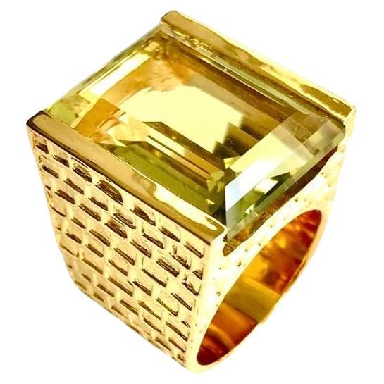 Emerald Cut Lemon Quartz Chiselled 'Stephie' Ring