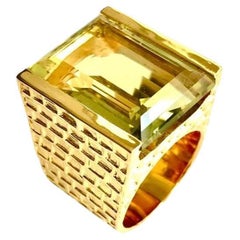 Emerald Cut Lemon Quartz Chiselled 'Stephie' Ring