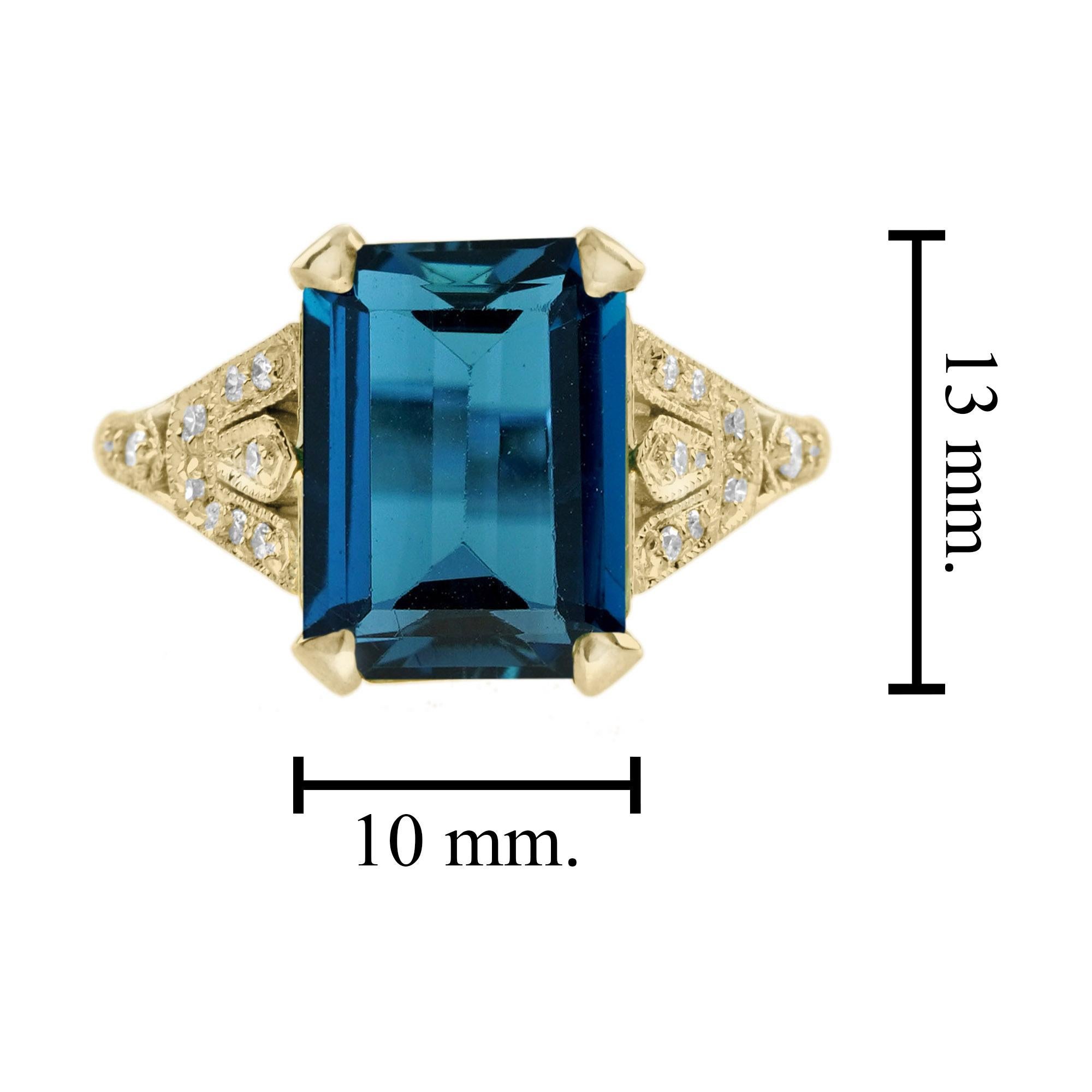 Emerald Cut London Blue Topaz and Diamond Solitaire Ring in 14K Yellow Gold For Sale 2