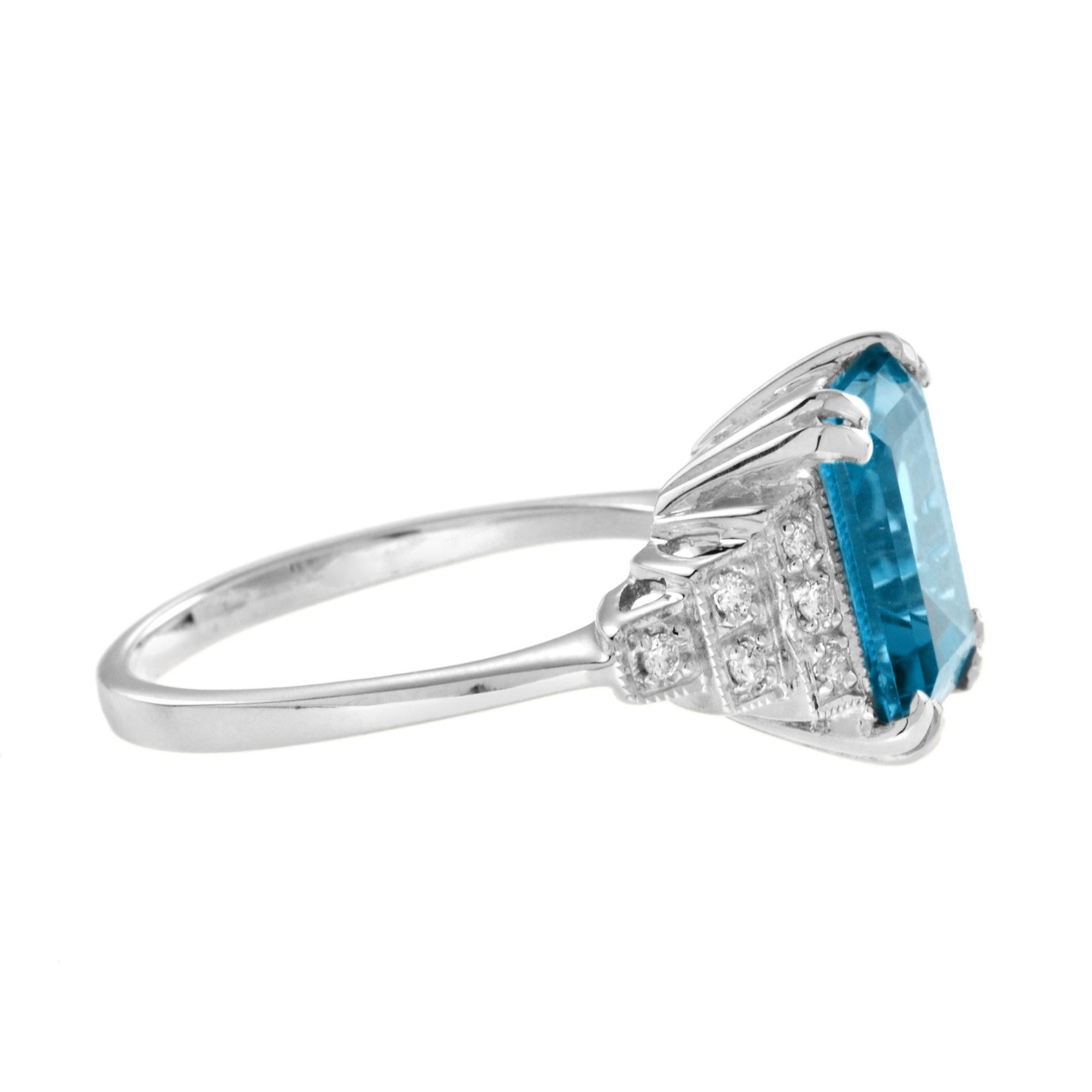 For Sale:  Emerald Cut London Blue Topaz and Step Diamond Engagement Ring in 18K White Gold 4