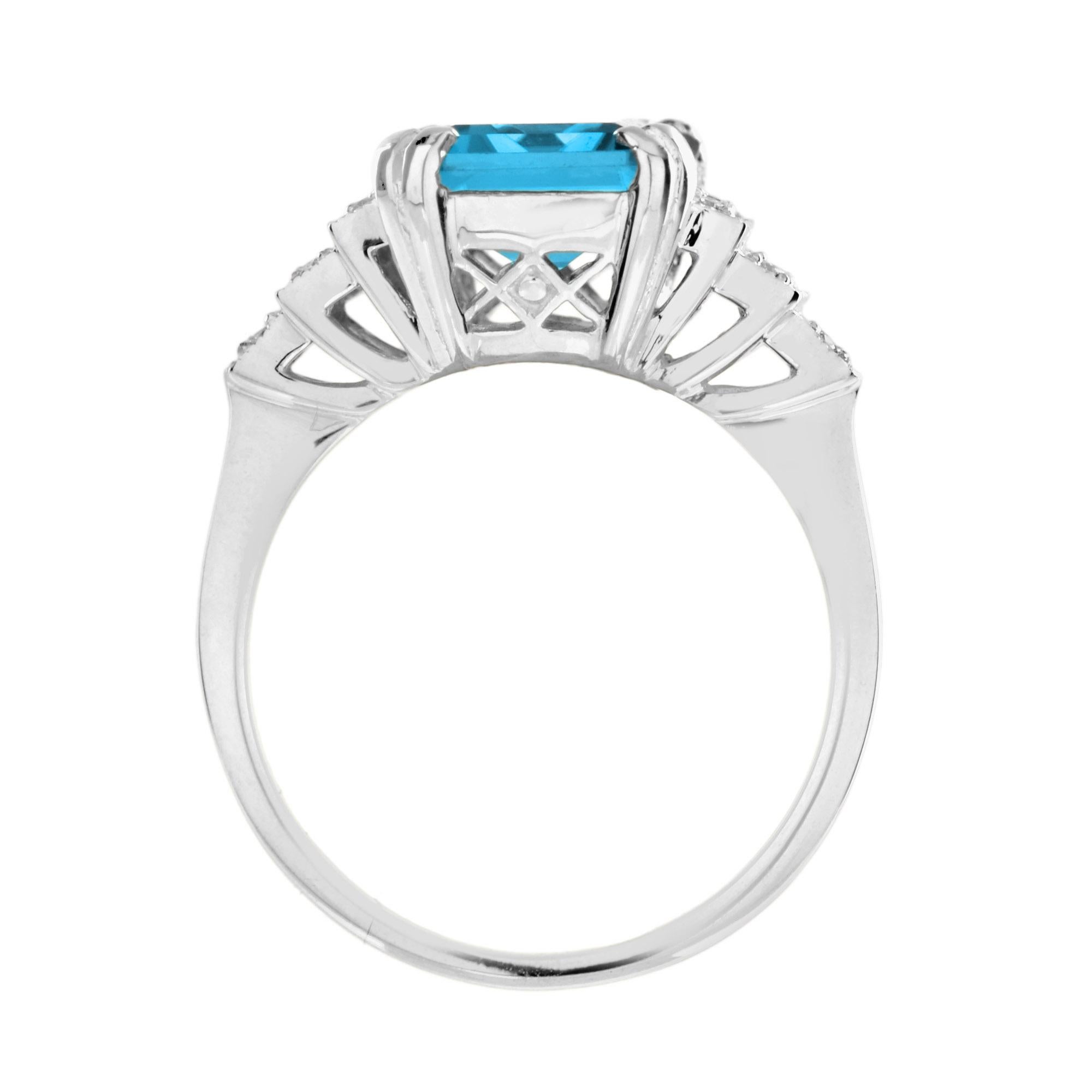 For Sale:  Emerald Cut London Blue Topaz and Step Diamond Engagement Ring in 18K White Gold 6