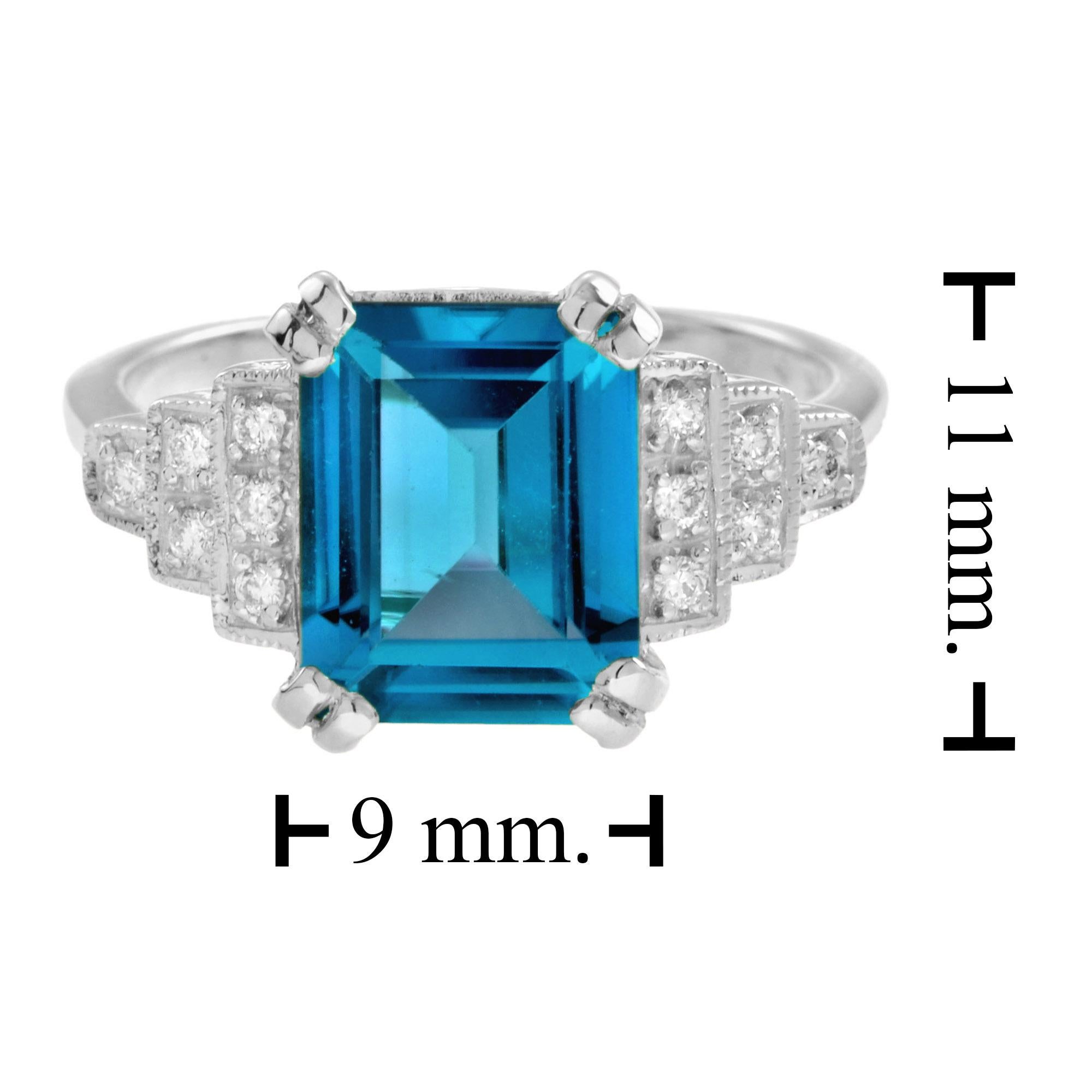 For Sale:  Emerald Cut London Blue Topaz and Step Diamond Engagement Ring in 18K White Gold 7
