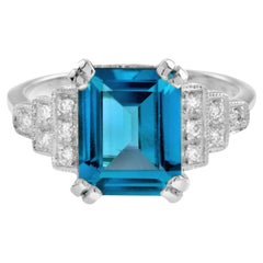 Emerald Cut London Blue Topaz and Step Diamond Engagement Ring in 18K White Gold