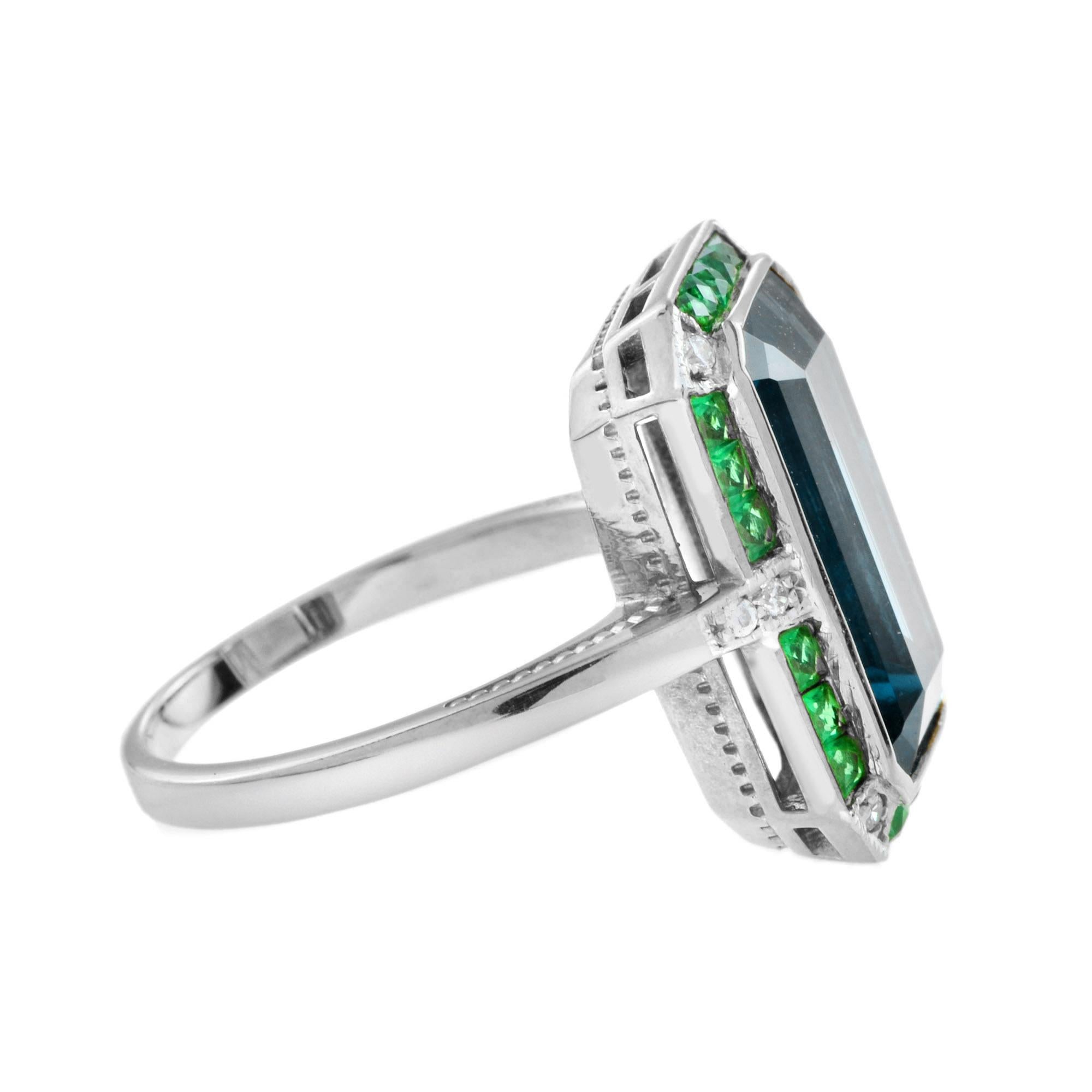 Women's or Men's Emerald Cut London Blue Topaz Emerald Diamond Art Deco Style Ring in 18K Gold