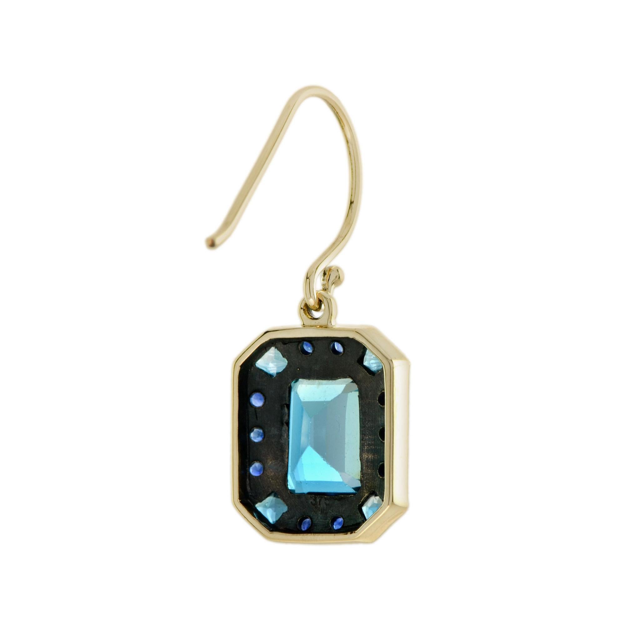 Smaragdschliff Londoner Blautopas & Saphir Art Deco Stil 9K Gelbgold Ohrringe (Art déco) im Angebot