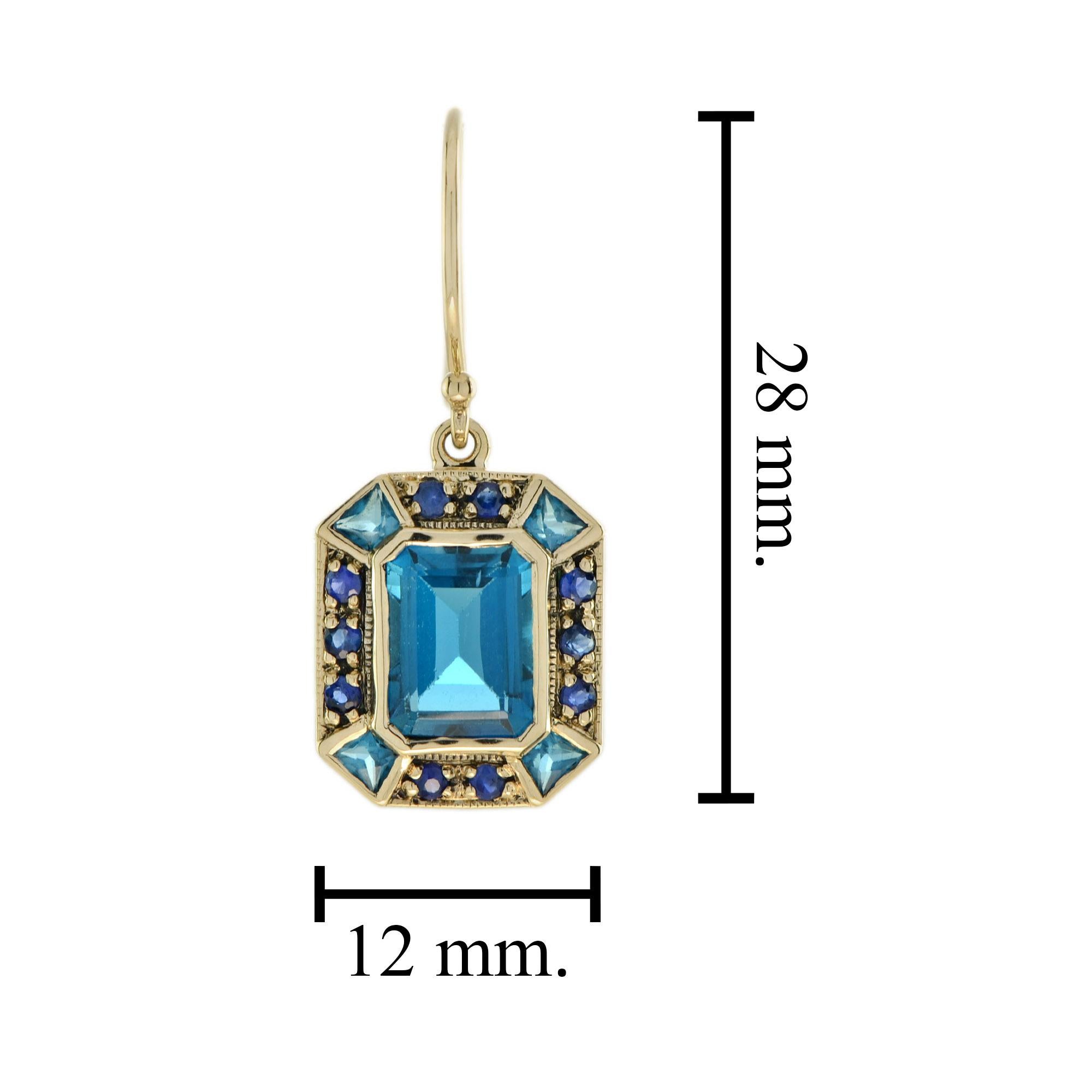 Smaragdschliff Londoner Blautopas & Saphir Art Deco Stil 9K Gelbgold Ohrringe im Zustand „Neu“ im Angebot in Oakton, VA