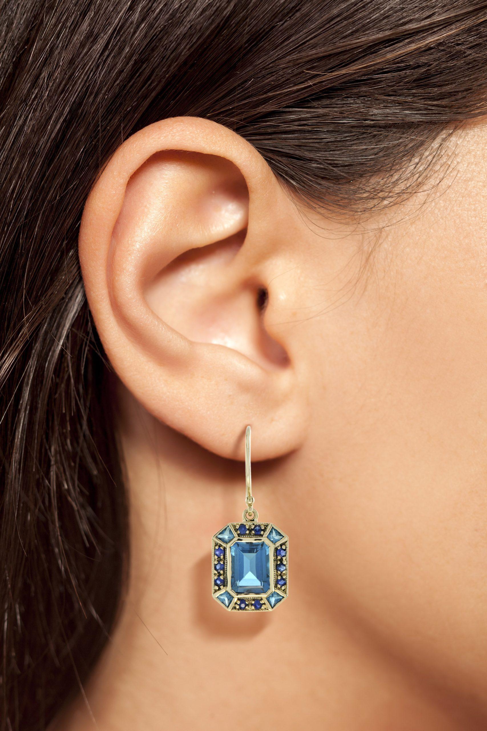 Smaragdschliff Londoner Blautopas & Saphir Art Deco Stil 9K Gelbgold Ohrringe Damen im Angebot