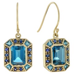 Smaragdschliff Londoner Blautopas & Saphir Art Deco Stil 9K Gelbgold Ohrringe