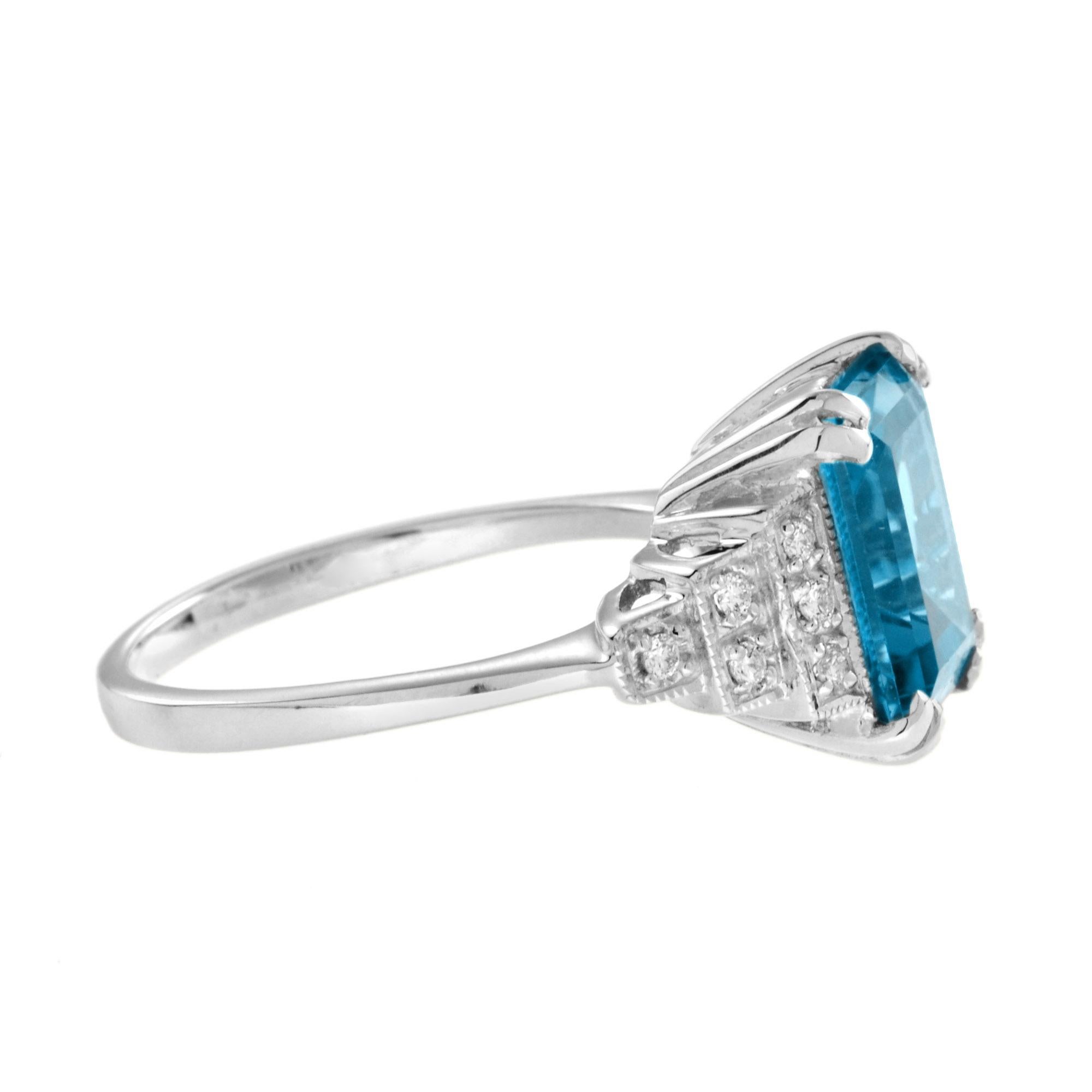 Emerald Cut London Blue Topaz & Step Diamond Engagement 14K White Gold Ring Art Decó en venta