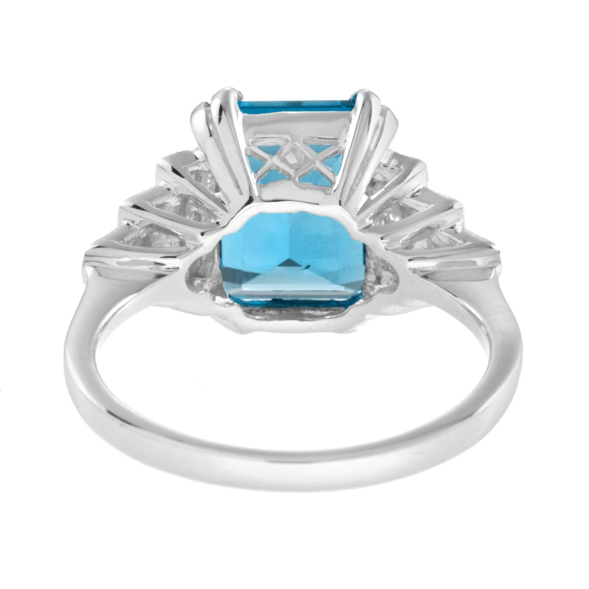Emerald Cut London Blue Topaz & Step Diamond Engagement 14K White Gold Ring Corte esmeralda en venta