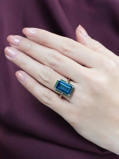 Emerald Cut London Blue Topaz with Emerald and Diamond Cocktail Ring in 14K Gold