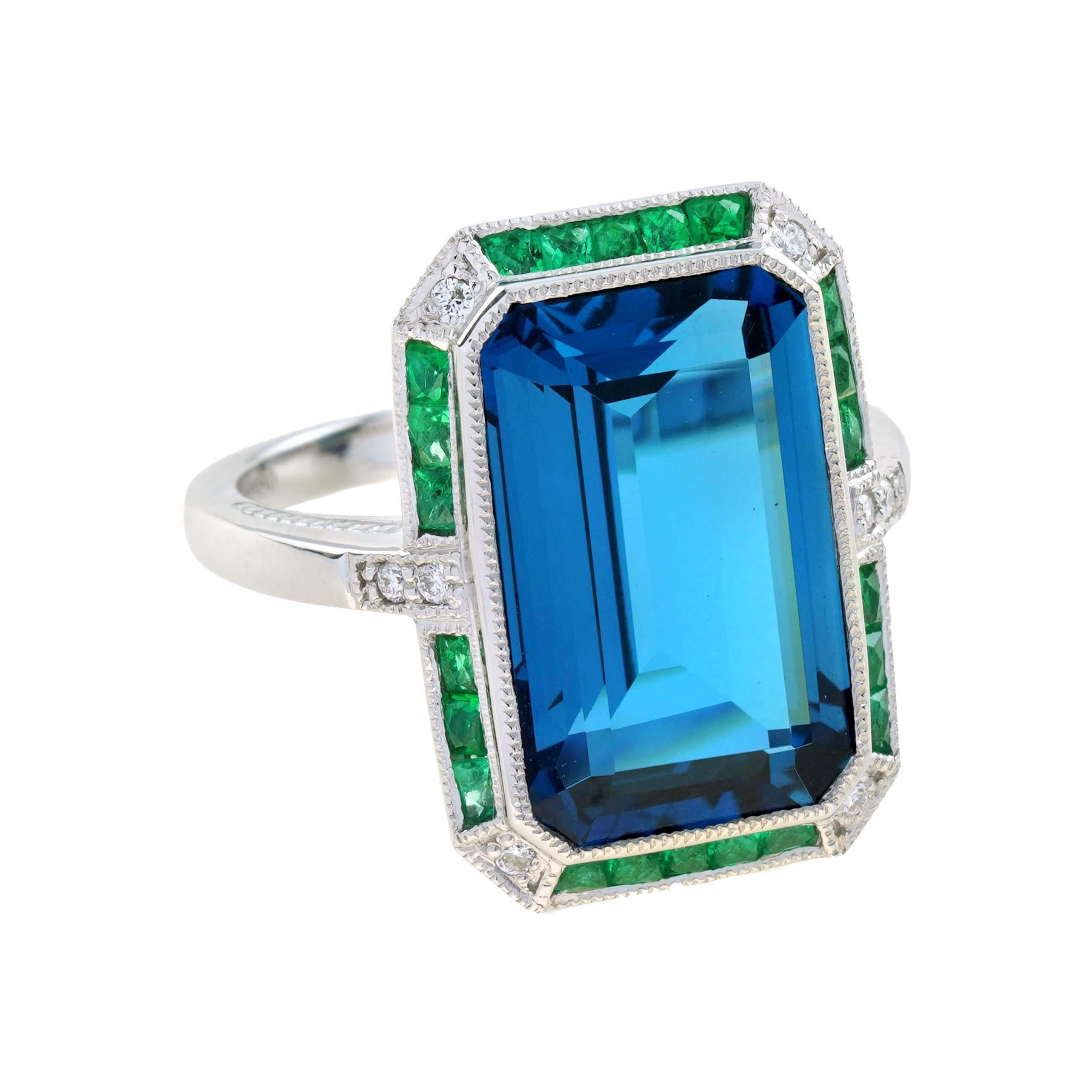 Art Deco Emerald Cut London Blue Topaz with Emerald and Diamond Cocktail Ring in 18K Gold For Sale