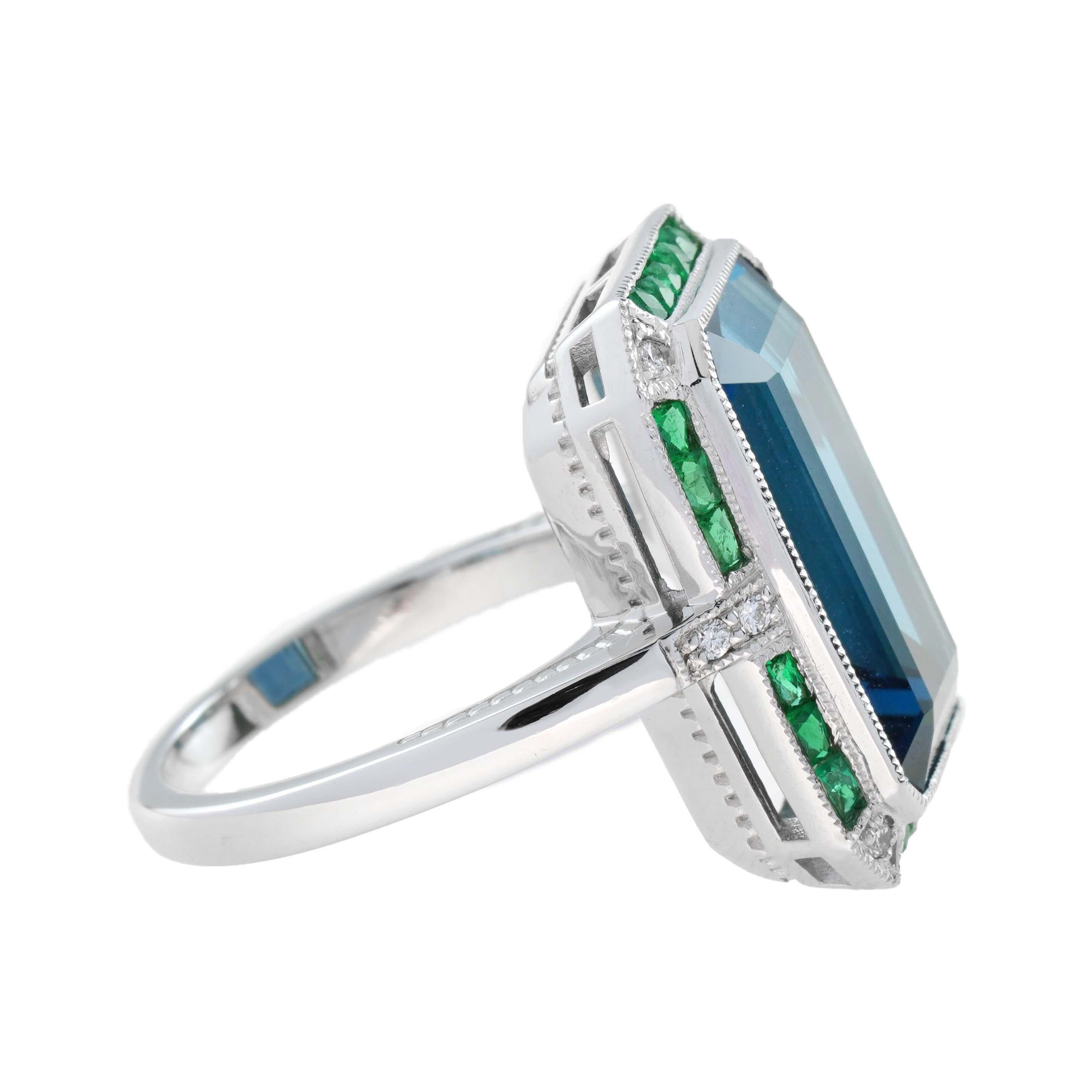 Emerald Cut London Blue Topaz with Emerald and Diamond Cocktail Ring in 18K Gold In New Condition For Sale In Bangkok, TH