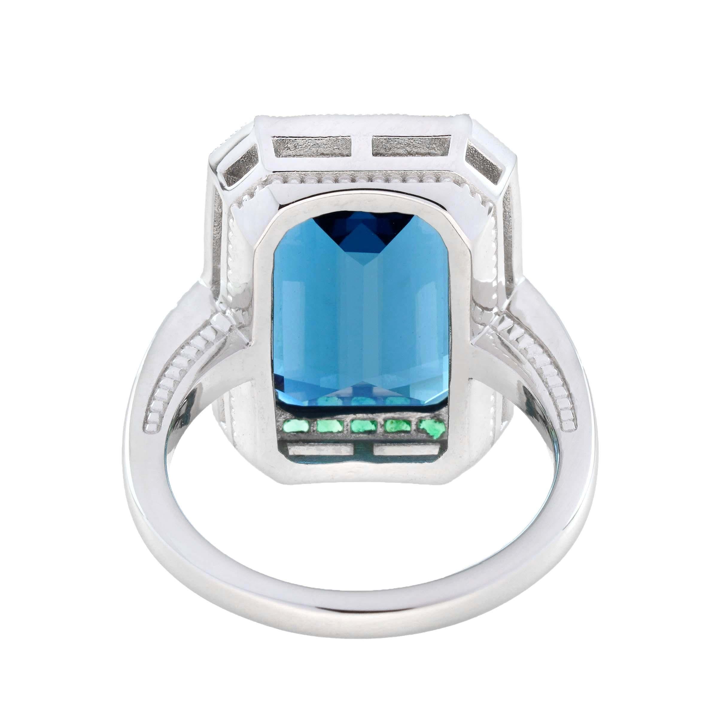 Women's Emerald Cut London Blue Topaz with Emerald and Diamond Cocktail Ring in 18K Gold For Sale