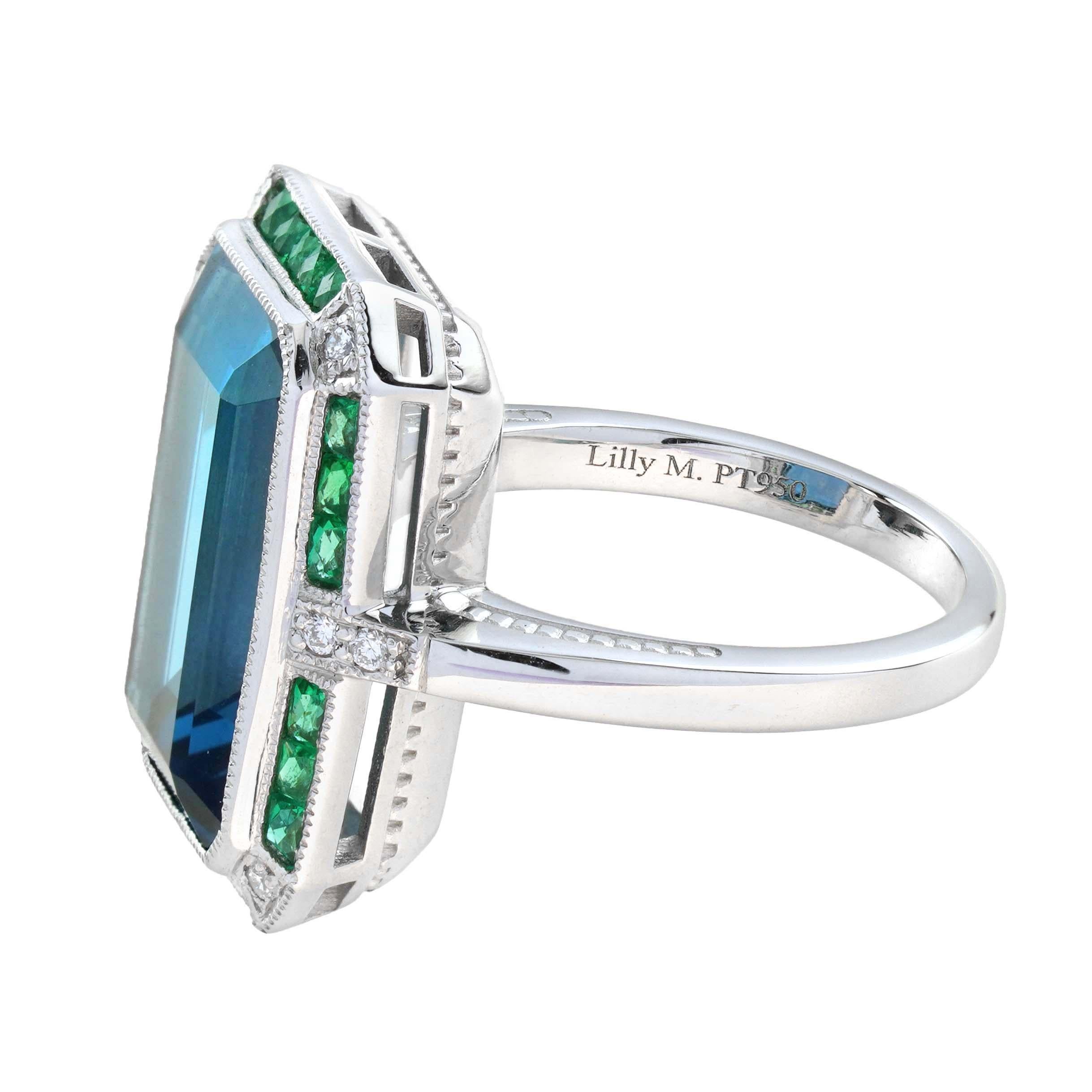 Emerald Cut London Blue Topaz with Emerald and Diamond Cocktail Ring in 18K Gold For Sale 1