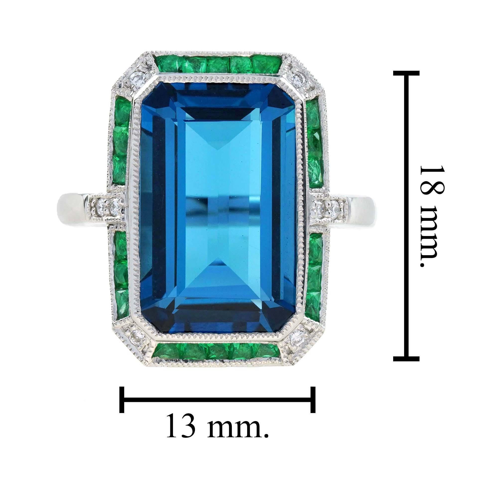 Emerald Cut London Blue Topaz with Emerald and Diamond Cocktail Ring in 18K Gold For Sale 2