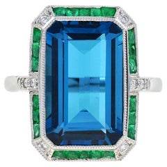 Emerald Cut London Blue Topaz with Emerald and Diamond Cocktail Ring in 18K Gold