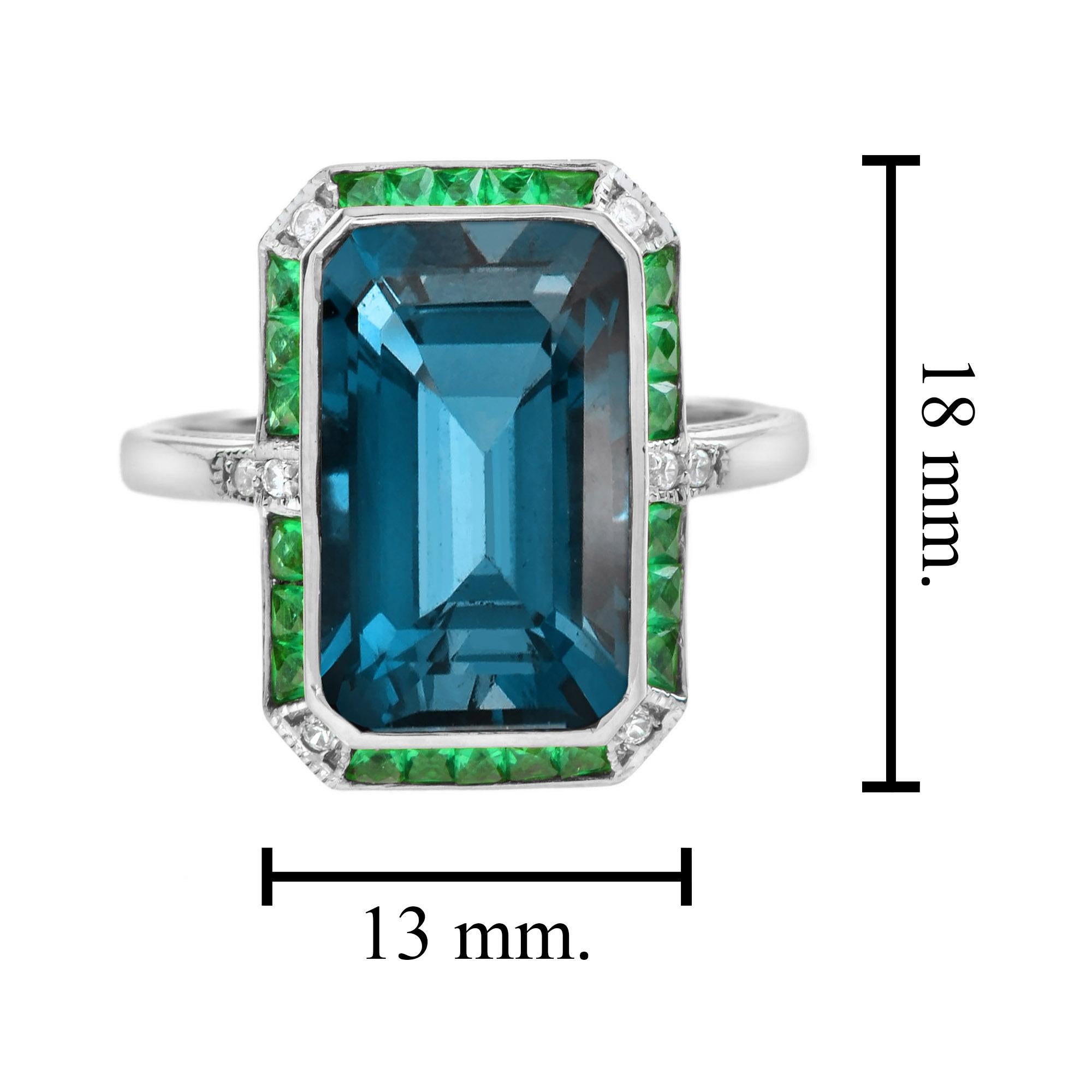 Cocktailring aus Platin mit blauem Topas im Smaragdschliff und Smaragd und Diamant 1