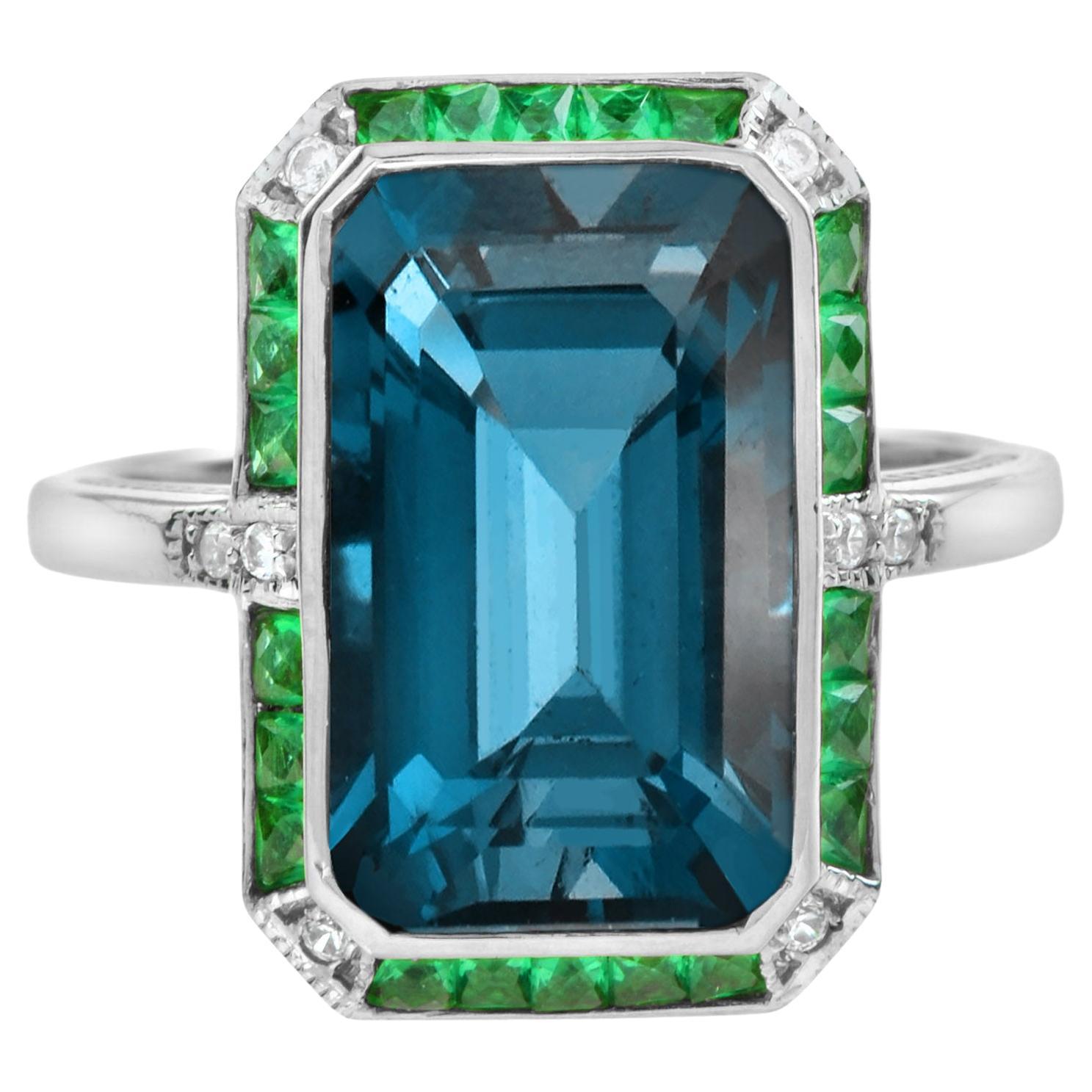 Emerald Cut London Blue Topaz with Emerald and Diamond Cocktail Ring in  Platinum For Sale at 1stDibs