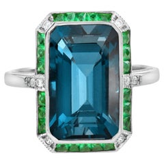 Emerald Cut London Blue Topaz with Emerald and Diamond Cocktail Ring in Platinum