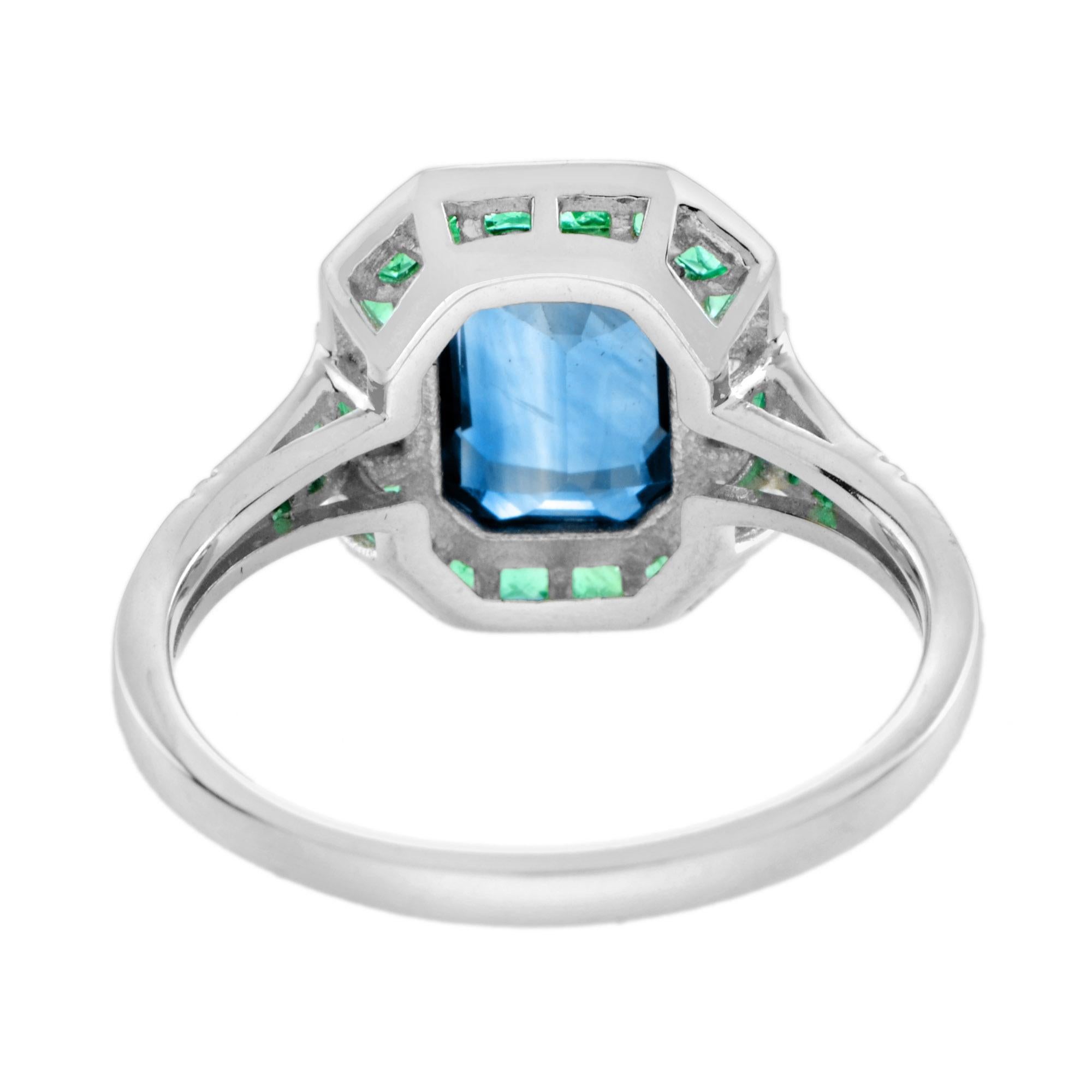 Women's Emerald Cut London Blue Topaz with Emerald Halo and Diamond Art Deco Style Ring For Sale
