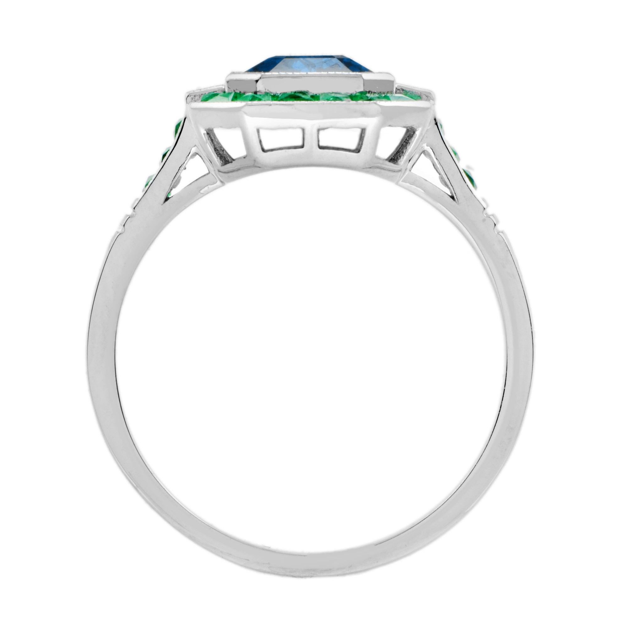 Emerald Cut London Blue Topaz with Emerald Halo and Diamond Art Deco Style Ring For Sale 1