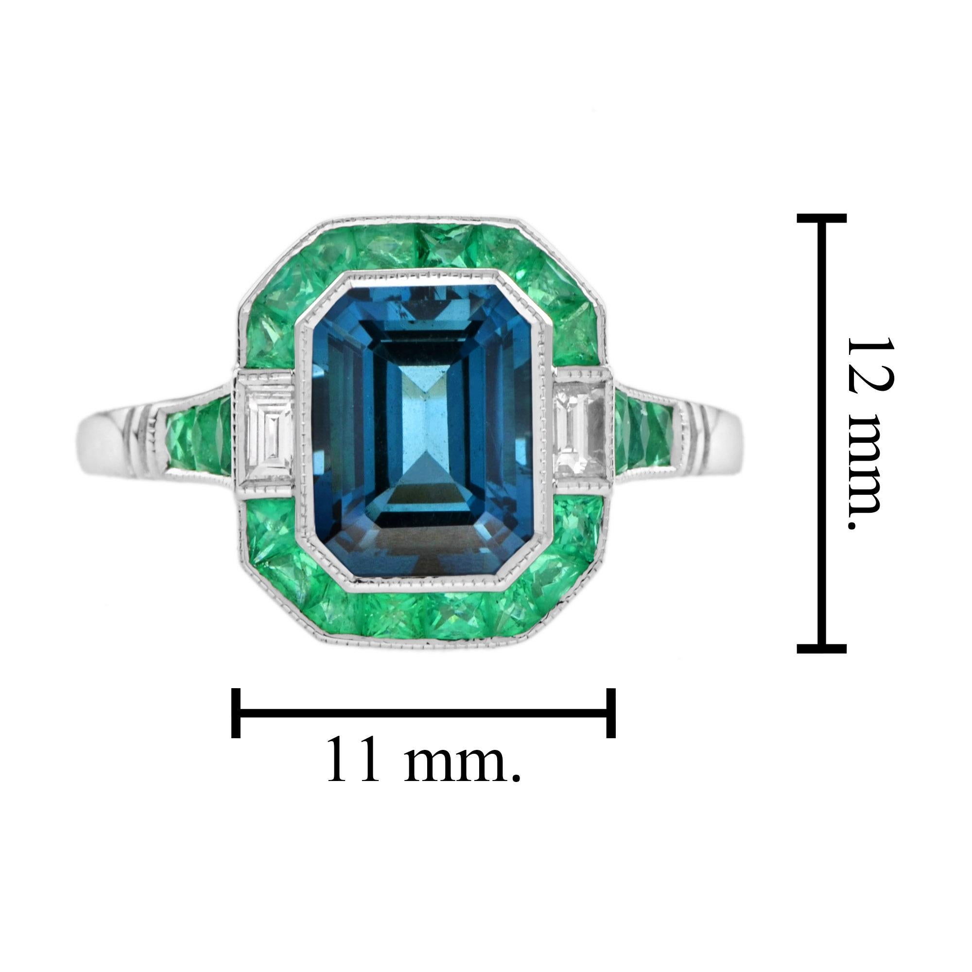 Emerald Cut London Blue Topaz with Emerald Halo and Diamond Art Deco Style Ring For Sale 2