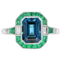 Emerald Cut London Blue Topaz with Emerald Halo and Diamond Art Deco Style Ring