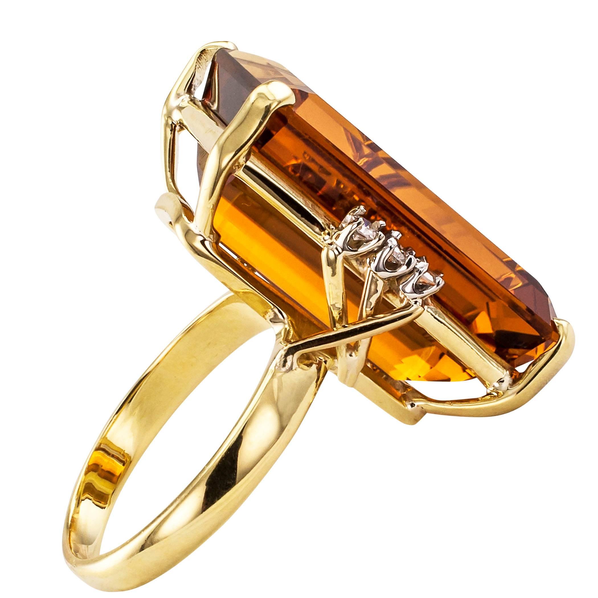 Modern Emerald Cut Madeira Citrine Diamond Gold Cocktail Ring